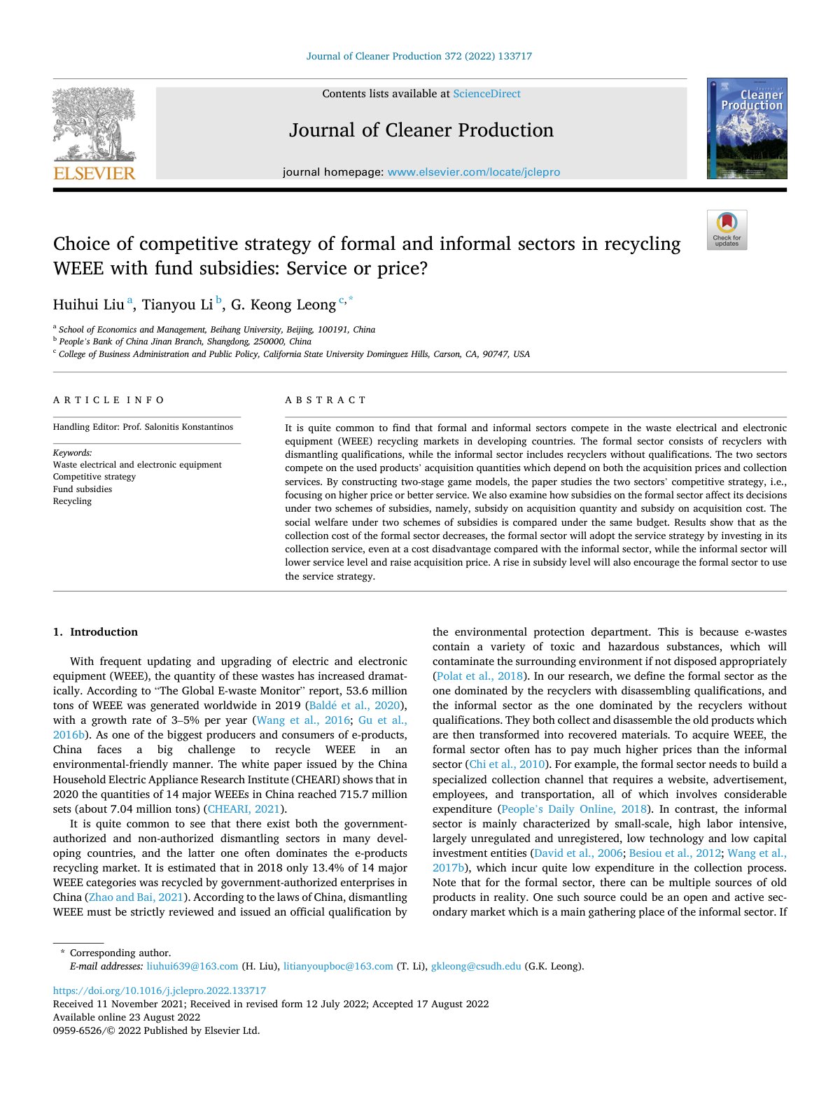 First page of Choice of competitive strategy of formal and informal sec 2022 Journal of Cl