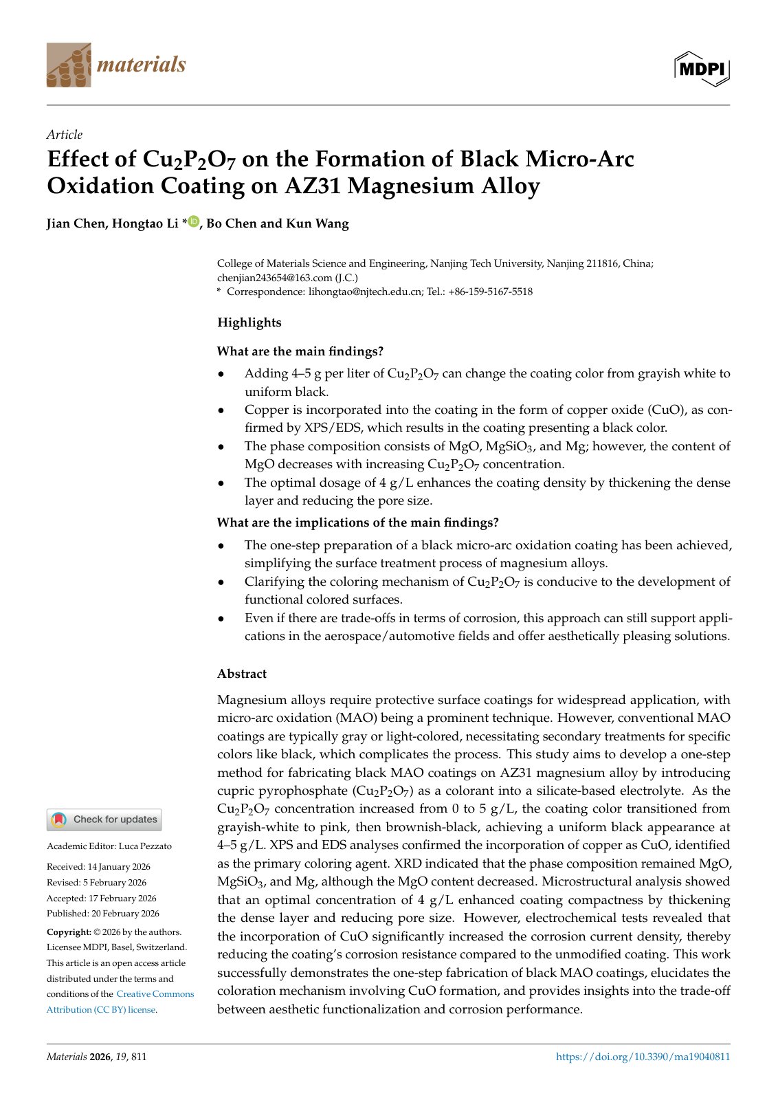 First page of 2026 AZ31 Black Micro Arc Oxidation Coating