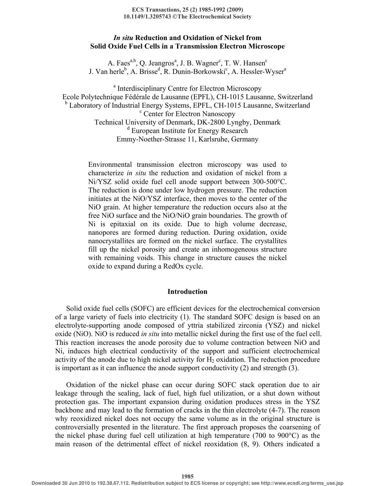 First page of In situ Reduction and Oxidation of Nickel from Solid Oxide Fuel Cells in a Transmission Electron Microscope