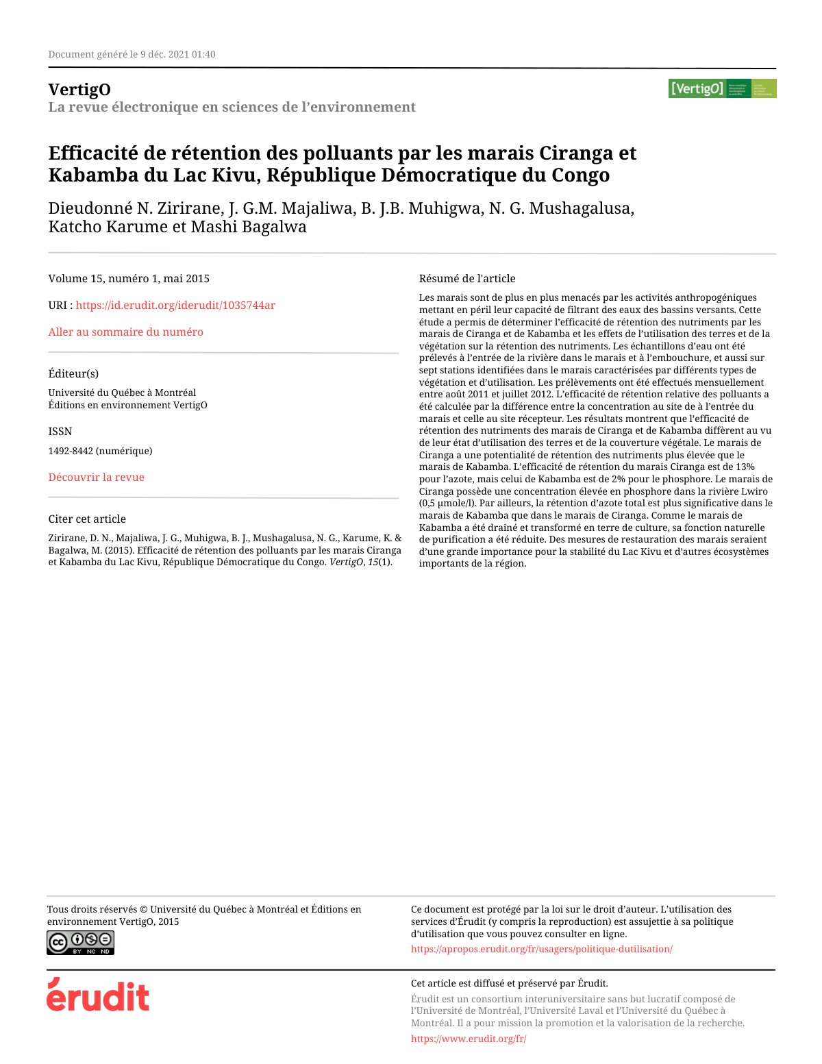 First page of Efficacite de retention des polluants pa