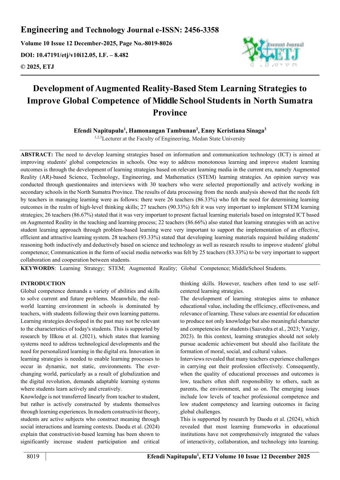 First page of Development of Augmented Reality-Based Stem Learning Strategies to  Improve Global Competence of Middle School Students in North Sumatra  Province  