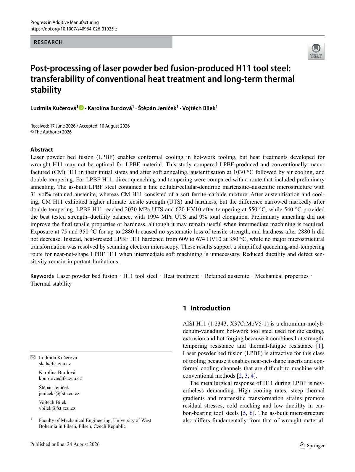 First page of 2026 Kucerova H11 Post Processing Heat Treatment