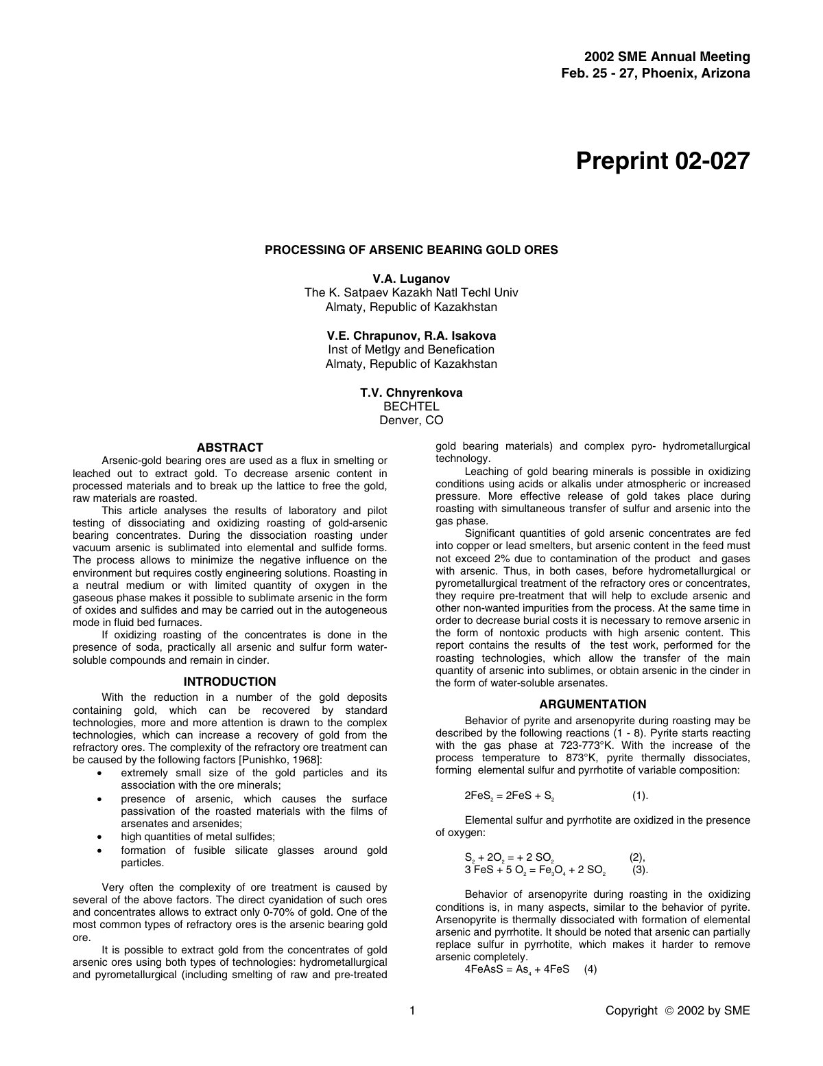 First page of Processing Arsenic bearing gold ores