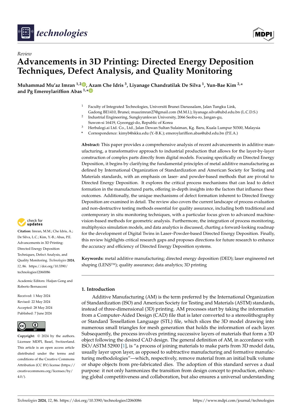 First page of Advancements in 3D Printing: Directed Energy Deposition Techniques, Defect Analysis, and Quality Monitoring