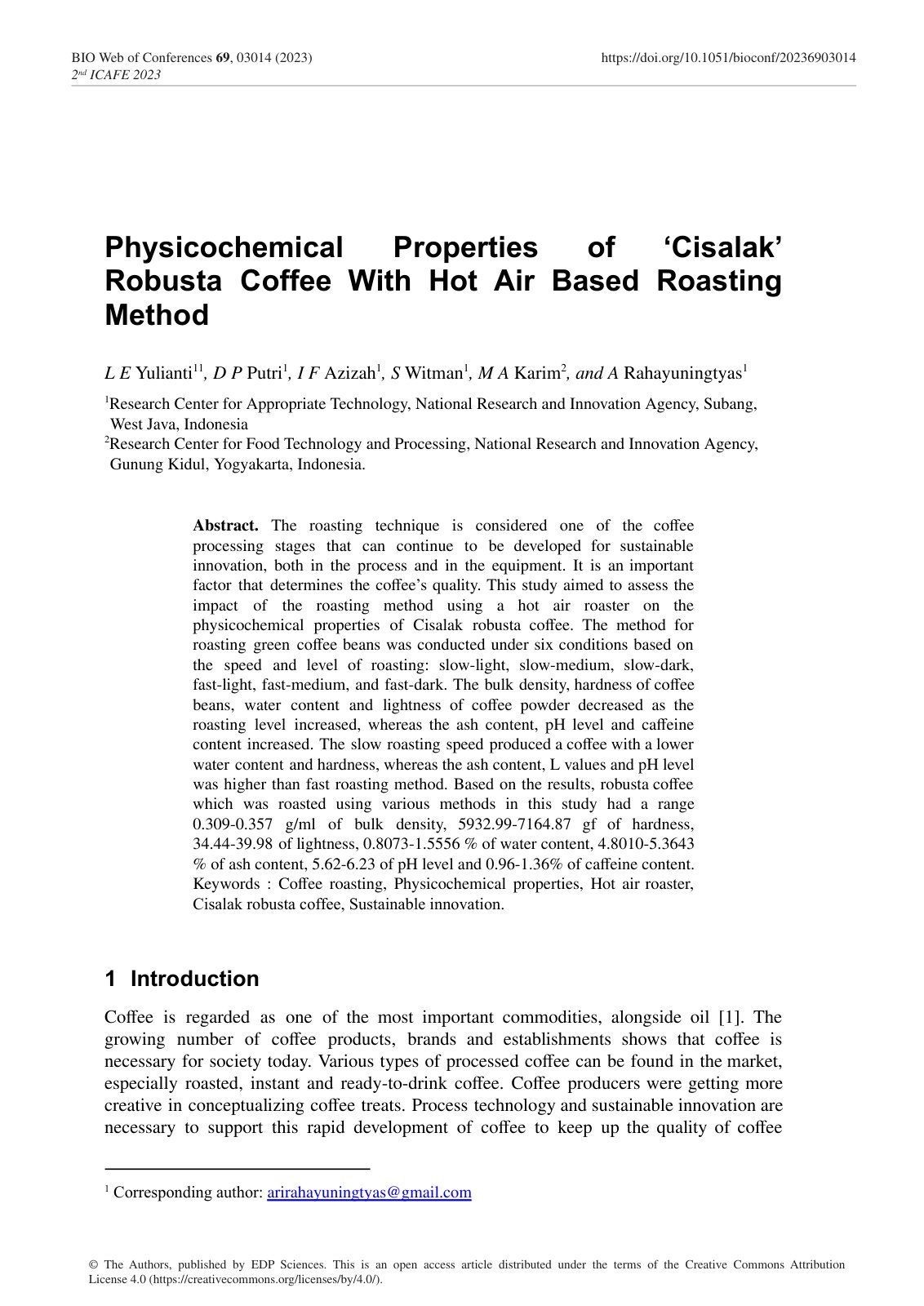 First page of Physicochemical Properties of ‘Cisalak’ Robusta Coffee With Hot Air Based Roasting Method