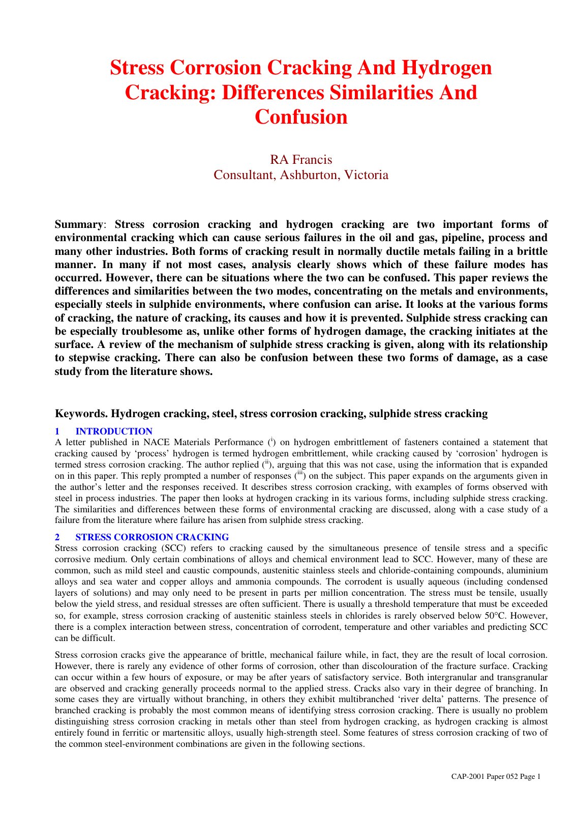 First page of Stress Corrosion Cracking And Hydrogen Cracking: Differences Similarities And Confusion