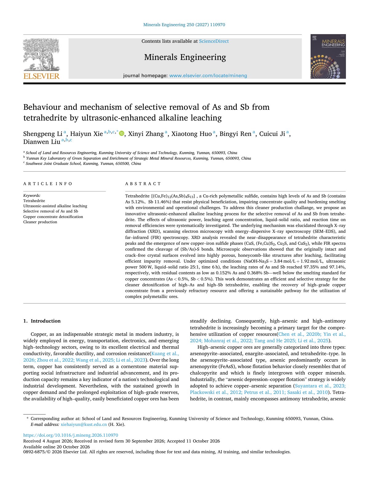 First page of Behaviour and mechanism of selective removal of As and Sb fr 2027 Minerals E