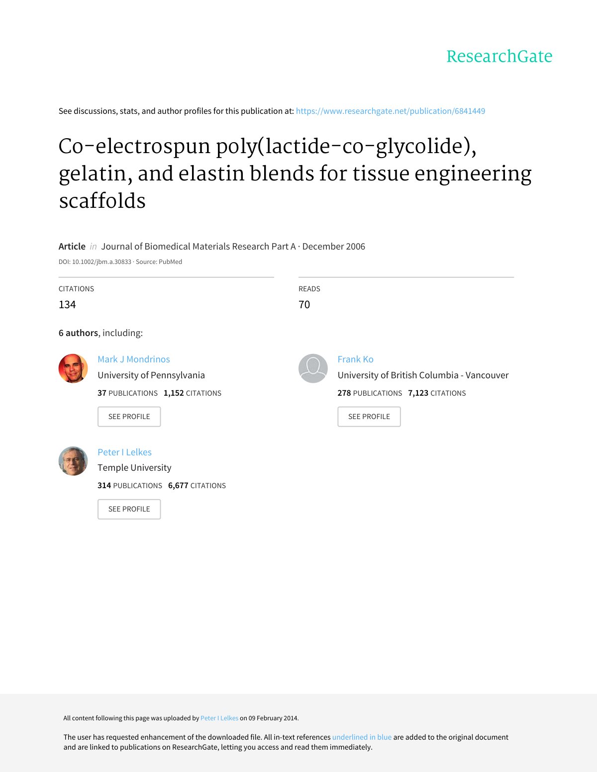 First page of Co-electrospun poly(lactide-co-glycolide), gelatin, and elastin blends for tissue engineering scaffolds