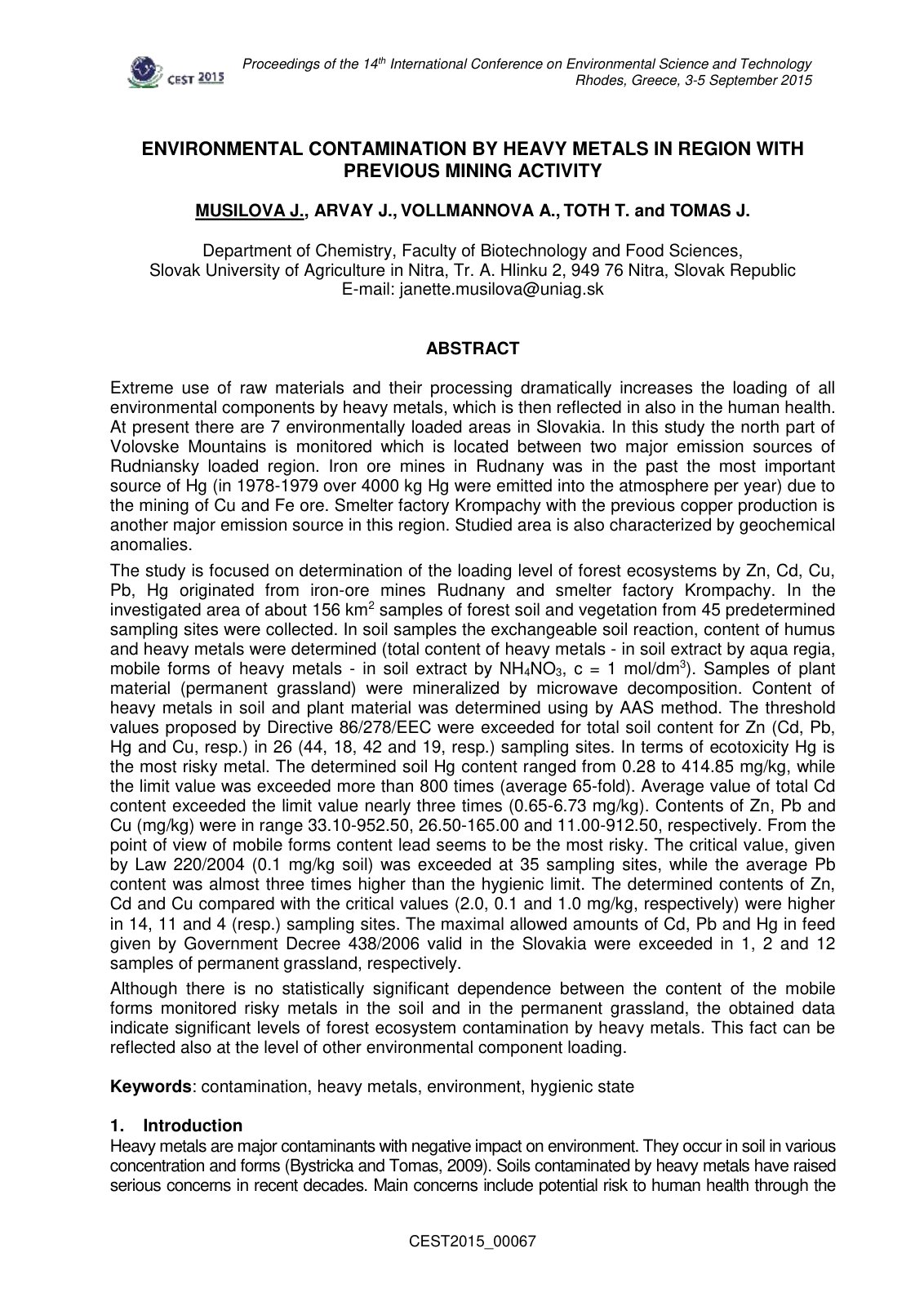 First page of ENVIRONMENTAL CONTAMINATION BY HEAVY METALS IN REGION WITH PREVIOUS MINING ACTIVITY