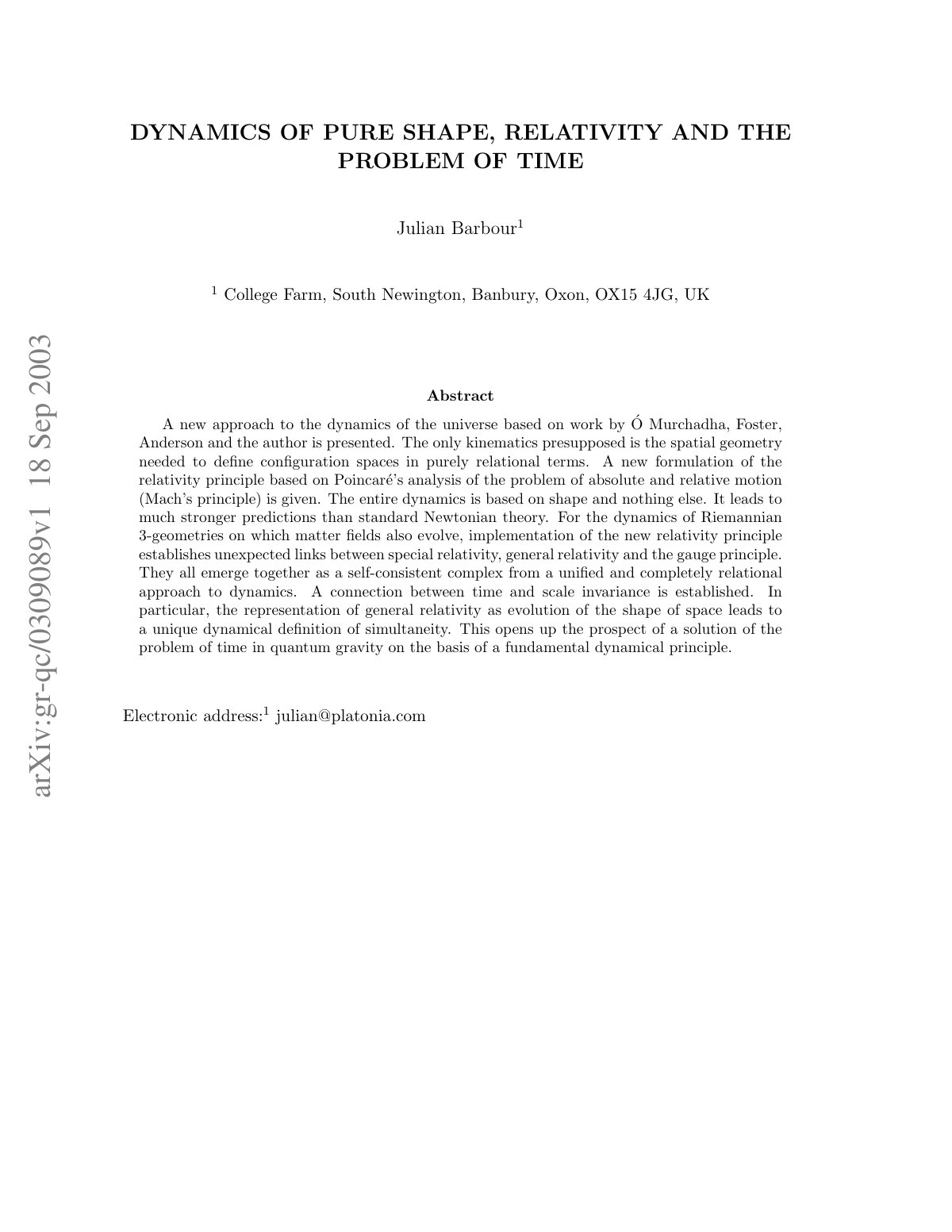 First page of Dynamics of Pure Shape Relativity and th