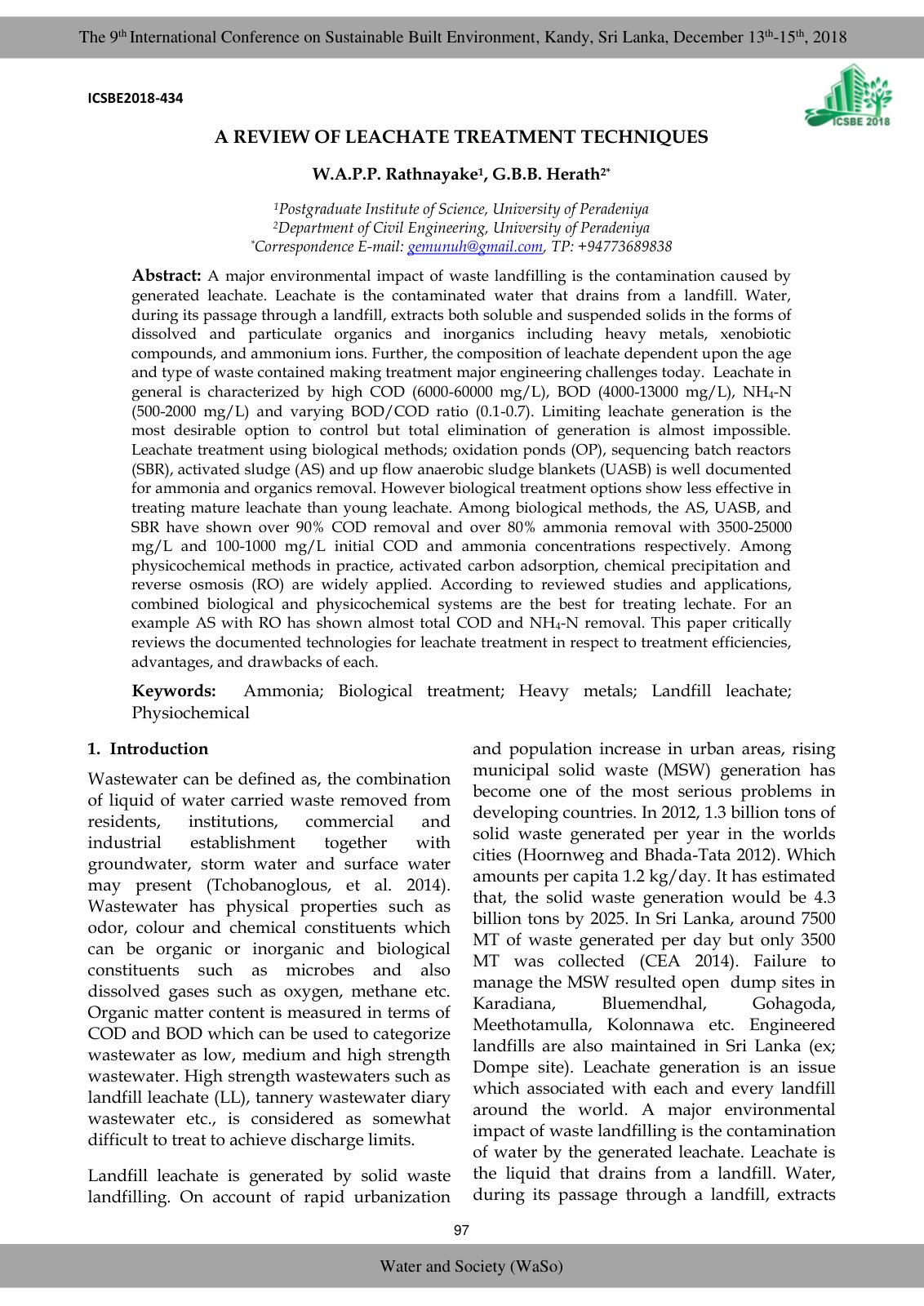 First page of A REVIEW OF LEACHATE TREATMENT TECHNIQUE