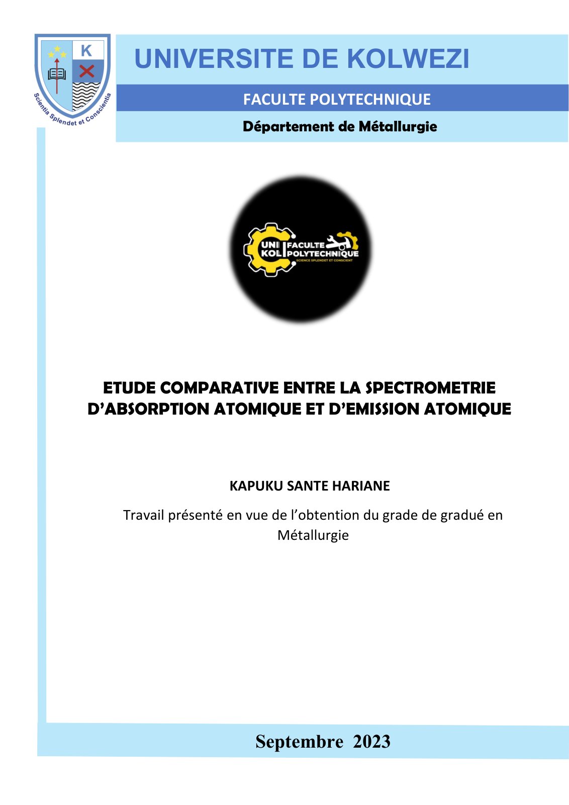 First page of ETUDE COMPARATIVE ENTRE LA SPECTROMETRIE D’ABSORPTION ATOMIQUE ET D’EMISSION ATOMIQUE