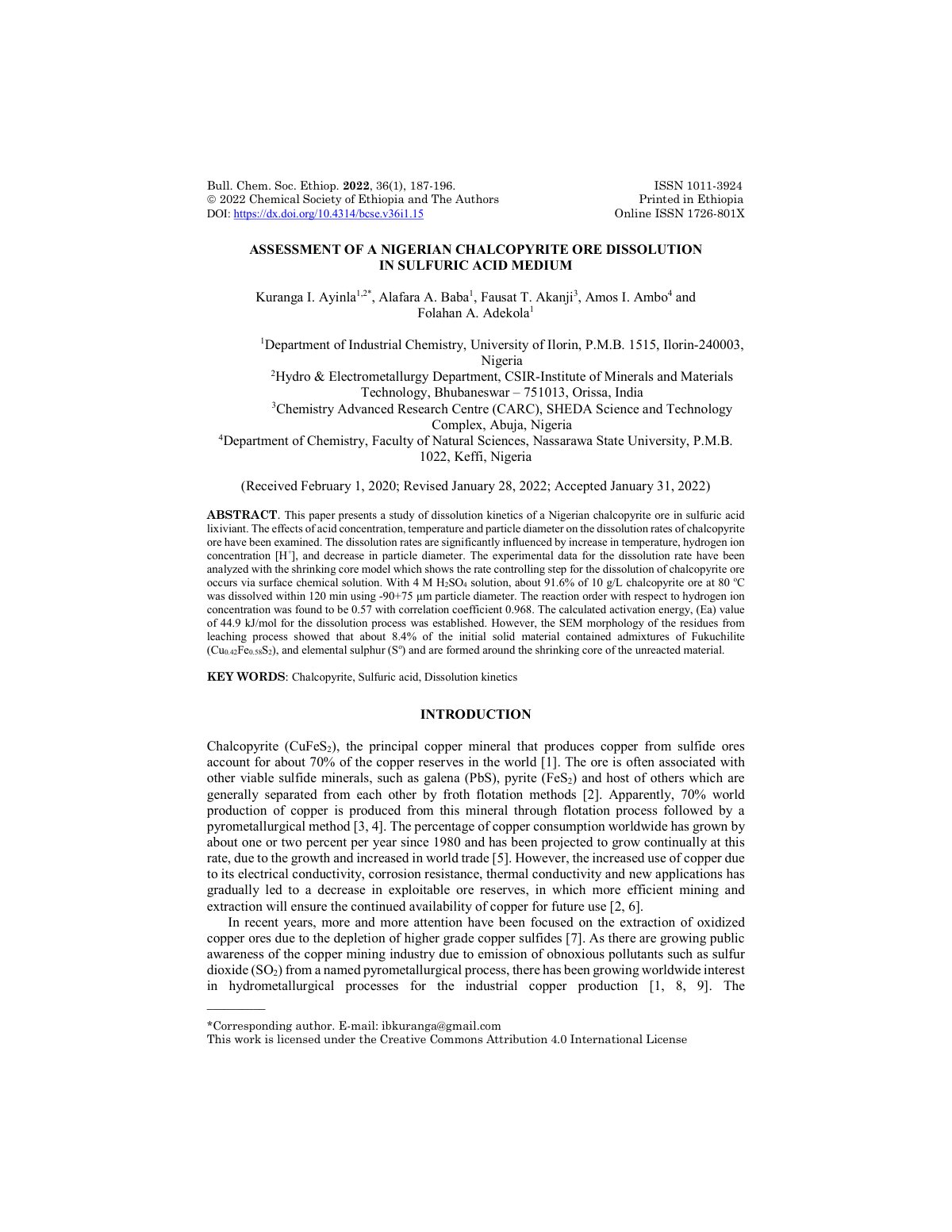 First page of Assessment of a Nigerian chalcopyrite or