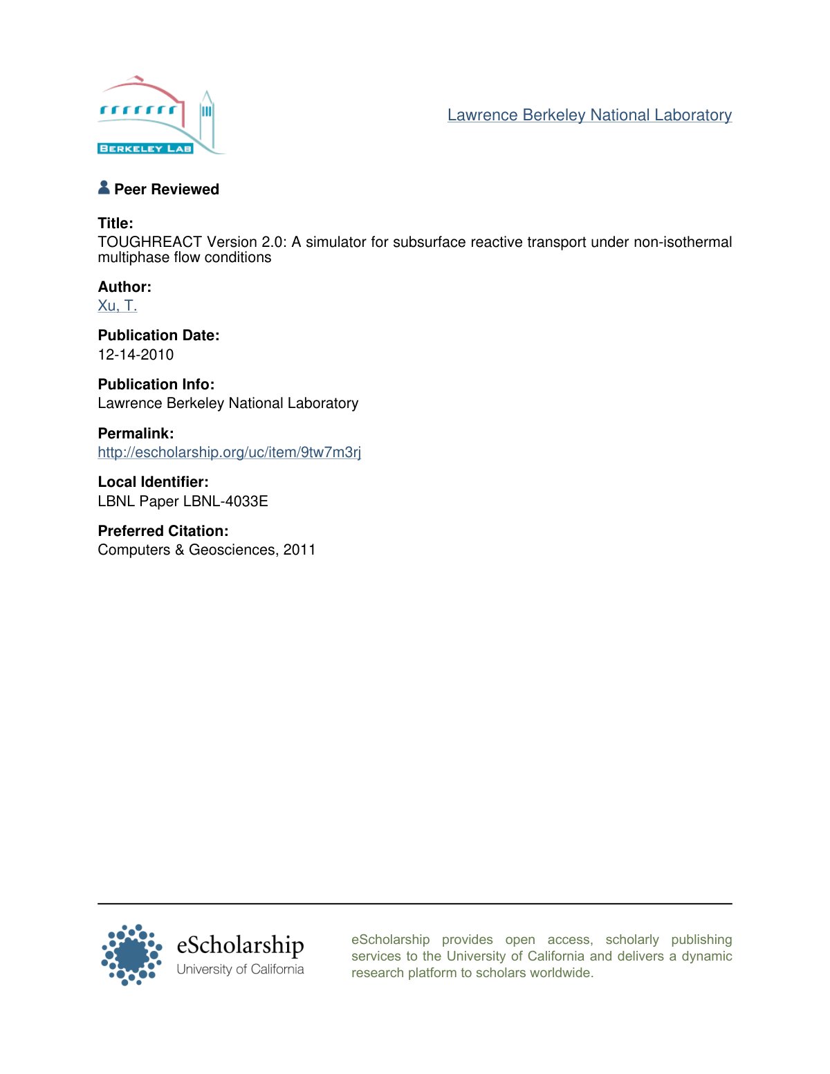 First page of TOUGHREACT Version 2.0: A simulator for subsurface reactive transport under non-isothermal multiphase flow conditions