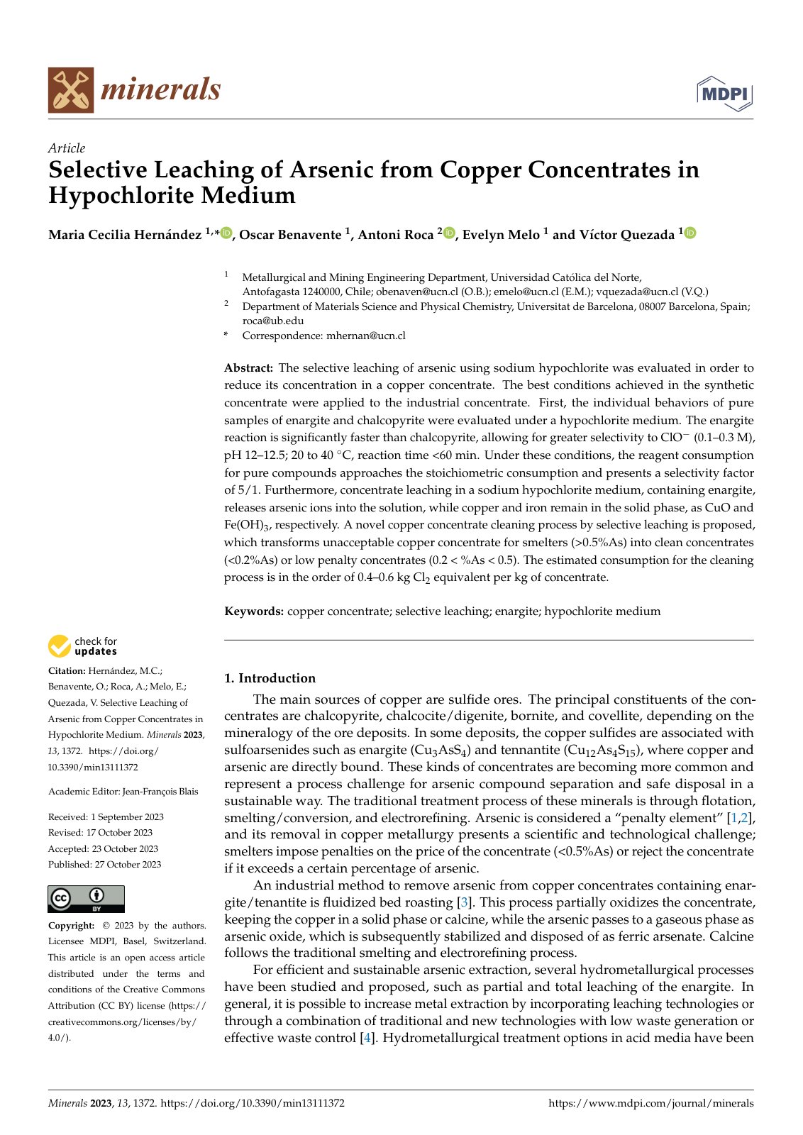 First page of Selective Leaching of Arsenic from Copper Concentrates in Hypochlorite Medium