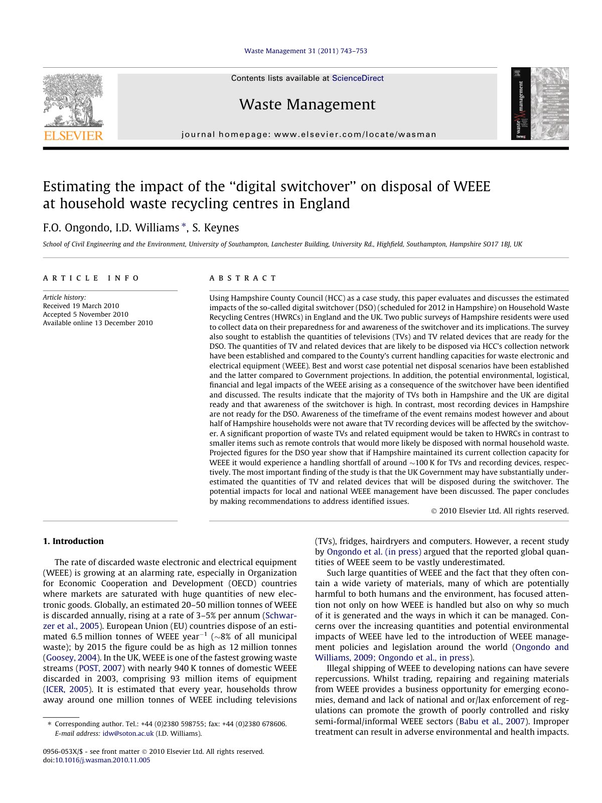 First page of Estimating the impact of the  digital switchover  on disposal  2011 Waste Ma