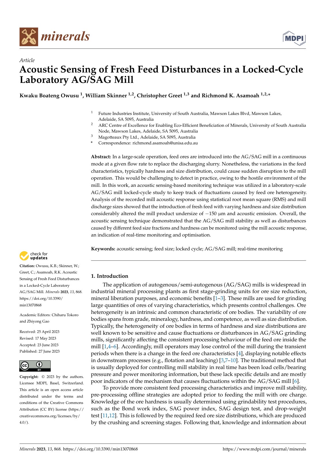 First page of Acoustic Sensing of Fresh Feed Disturbances in a Locked-Cycle Laboratory AG/SAG Mill