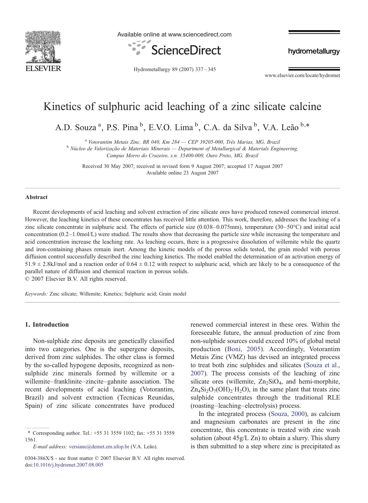 First page of Kinetics of sulphuric acid leaching of a zinc silicate calcine