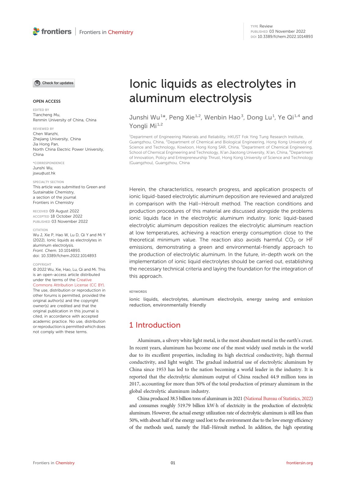 First page of Ionic liquids as electrolytes in aluminum electrolysis