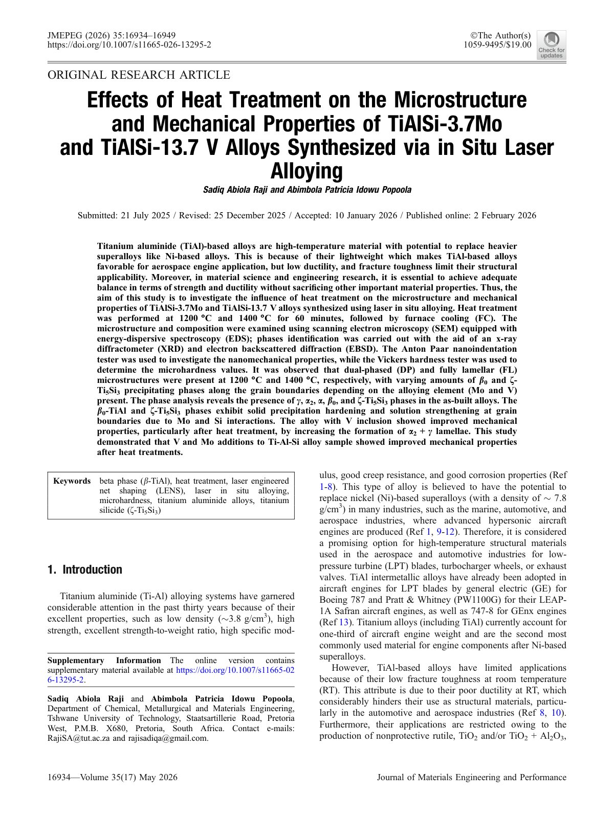 First page of Effects of Heat Treatment on the Microstructure and Mechanical Properties of TiAlSi-3.7Mo and TiAlSi-13.7 V Alloys Synthesized via in Situ Laser Alloying