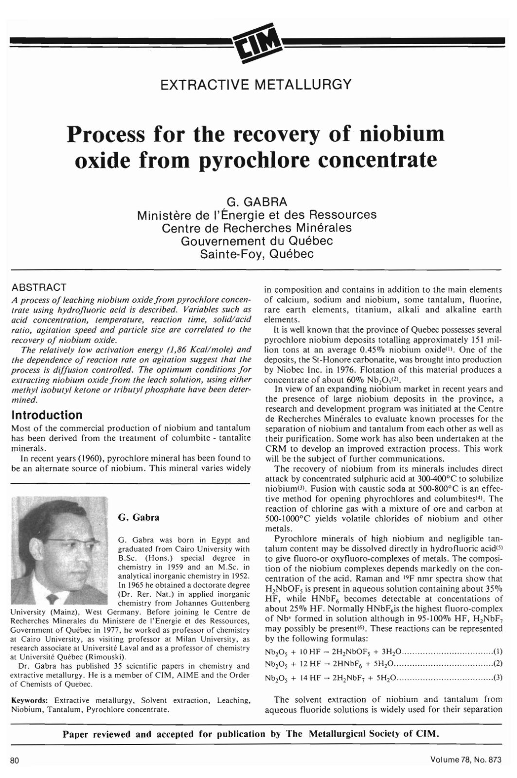 First page of Process for the recovery of niobium oxide from pyrochlore concentrate