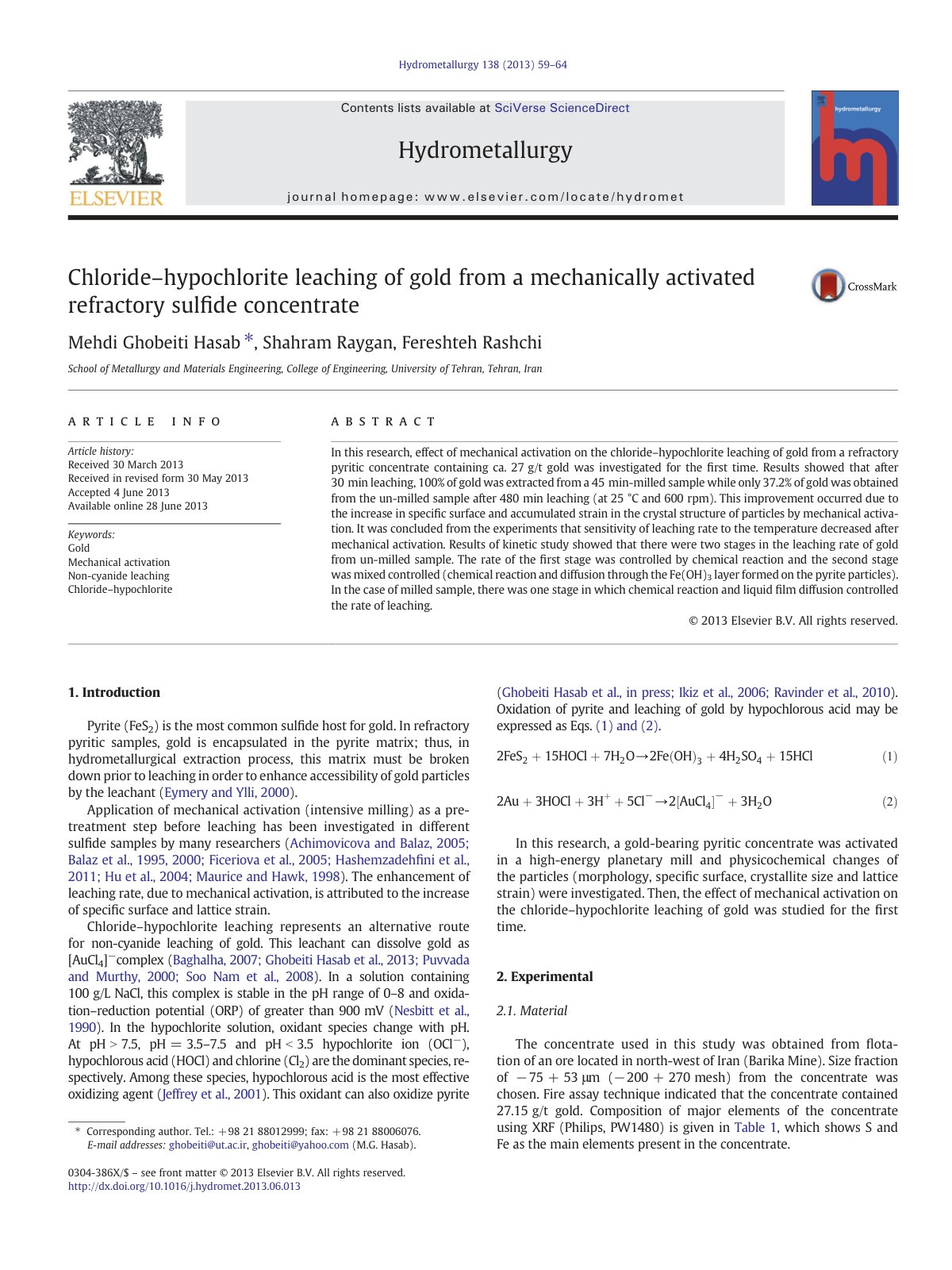 First page of Chloride hypochlorite leaching of gold f