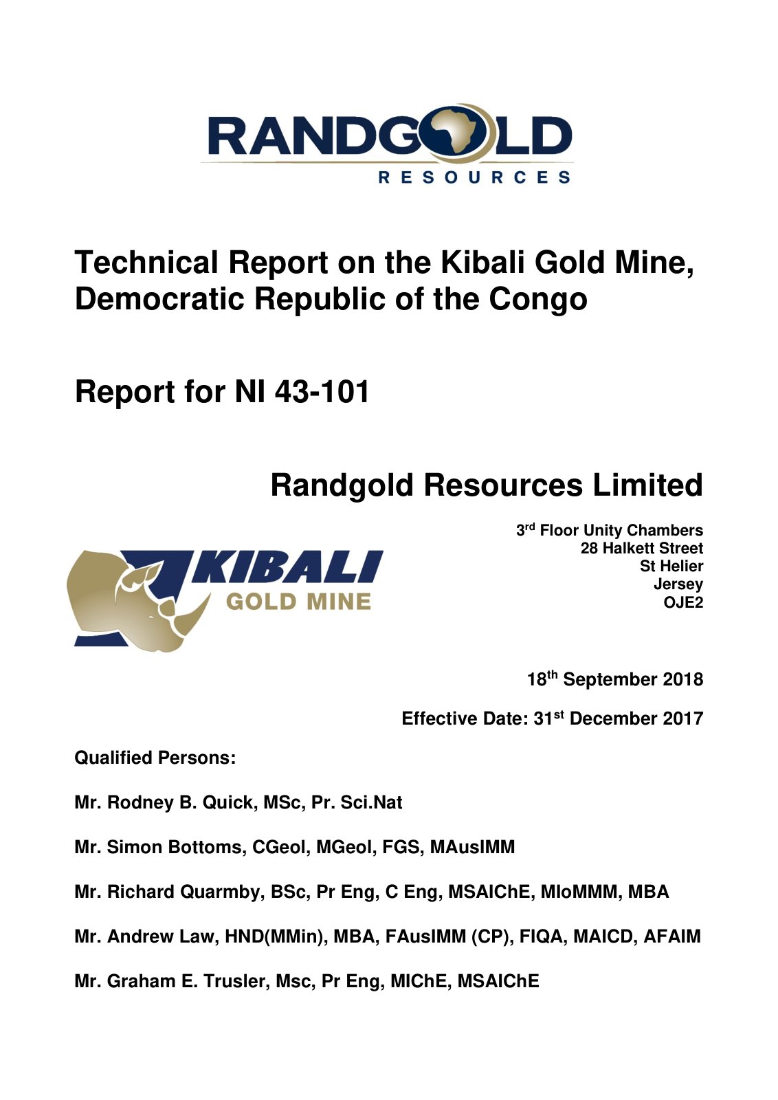 First page of Technical Report on the Kibali Gold Mine, Democratic Republic of the Congo
