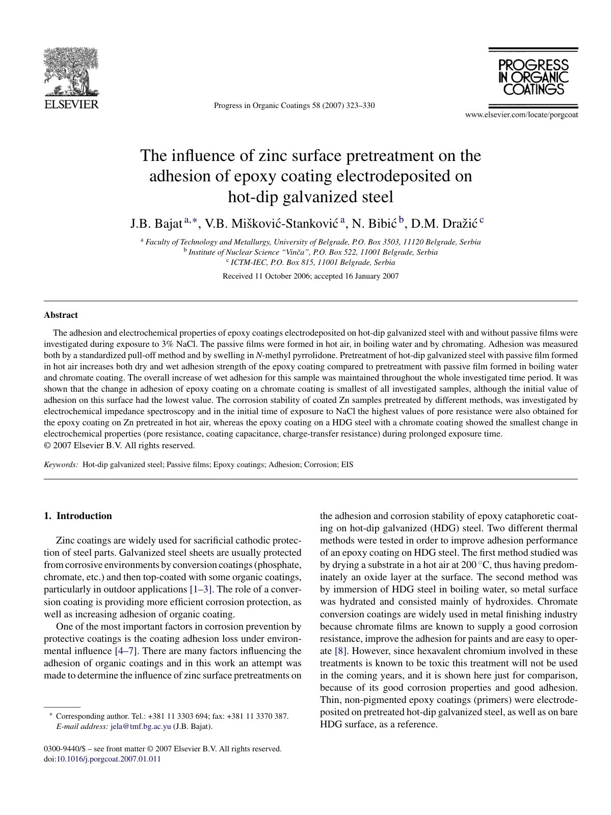 First page of The inﬂuence of zinc surface pretreatment on the adhesion of epoxy coating electrodeposited on hot-dip galvanized steel