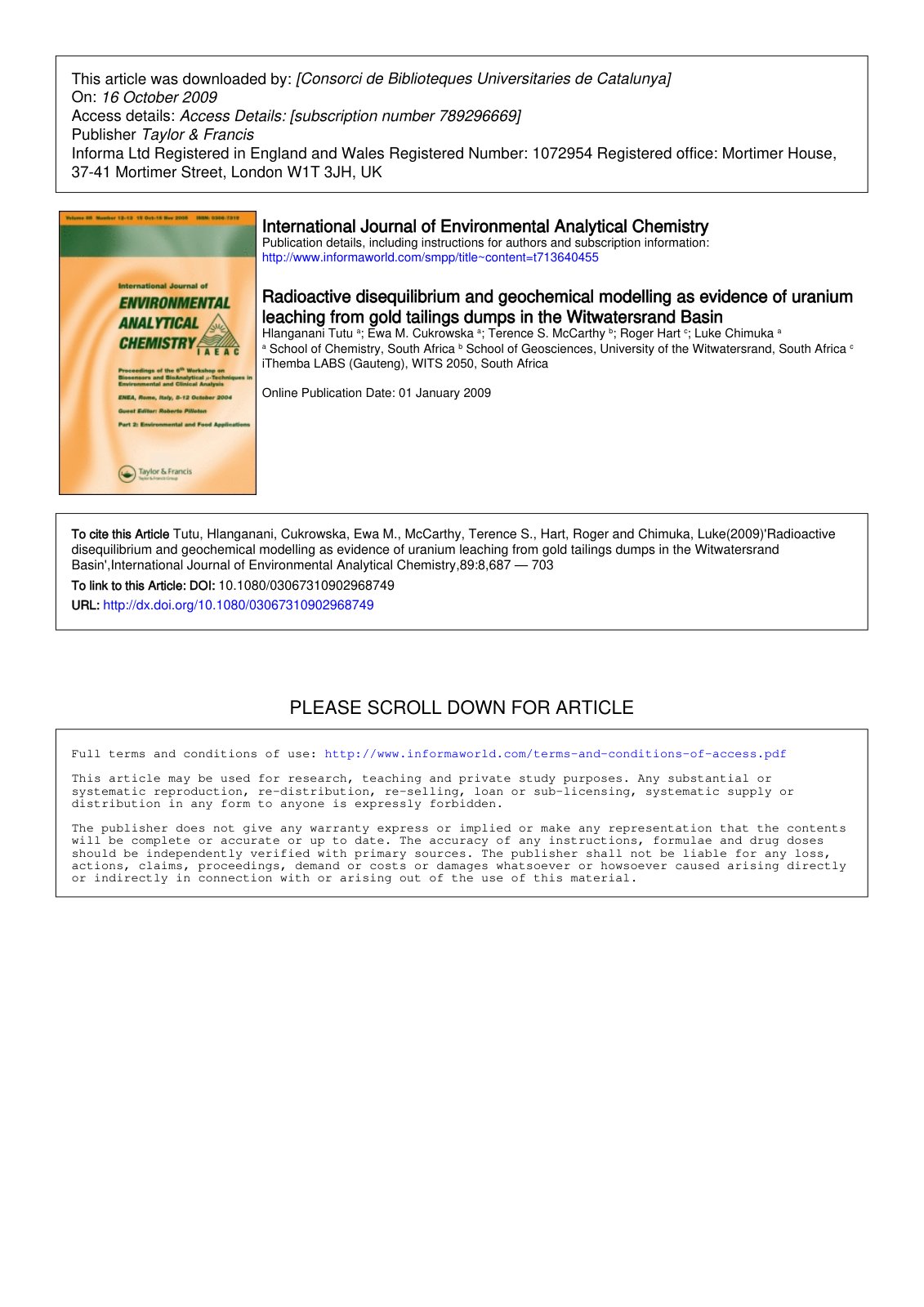 First page of Radioactive disequilibrium and geochemical modelling as evidence of uranium leaching from gold tailings dumps in the Witwatersrand Basin