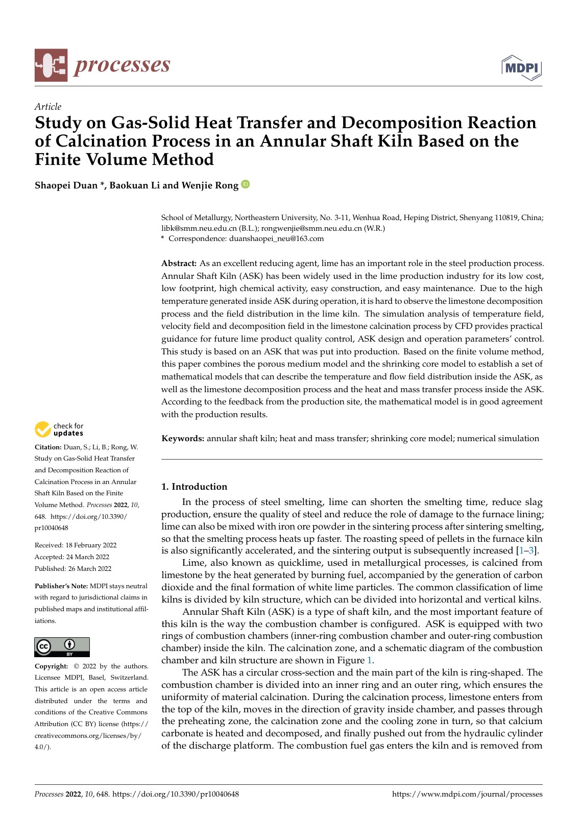 First page of Study on Gas-Solid Heat Transfer and Decomposition Reaction of Calcination Process in an Annular Shaft Kiln Based on the Finite Volume Method