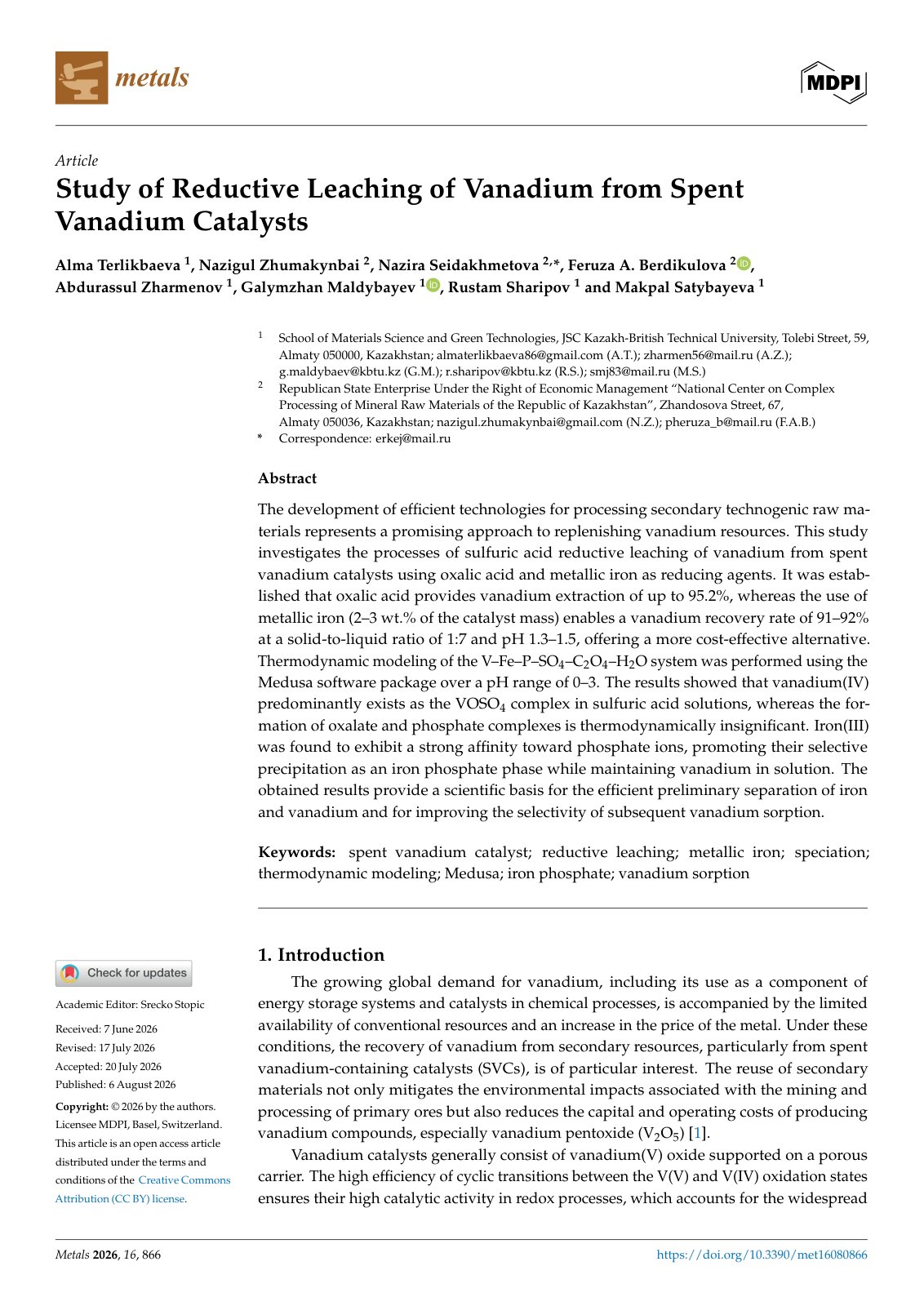 First page of 2026   Terlikbaeva   Reductive vanadium leaching from spent catalysts