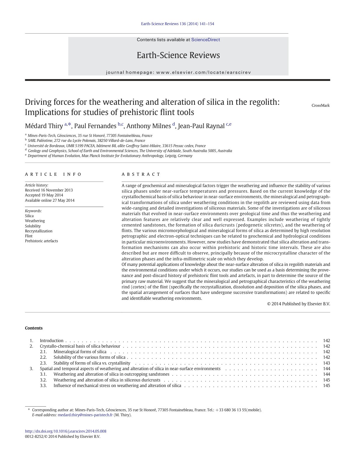 First page of Driving forces for the weathering and alteration of silica in the regolith: Implications for studies of prehistoric ﬂint tools