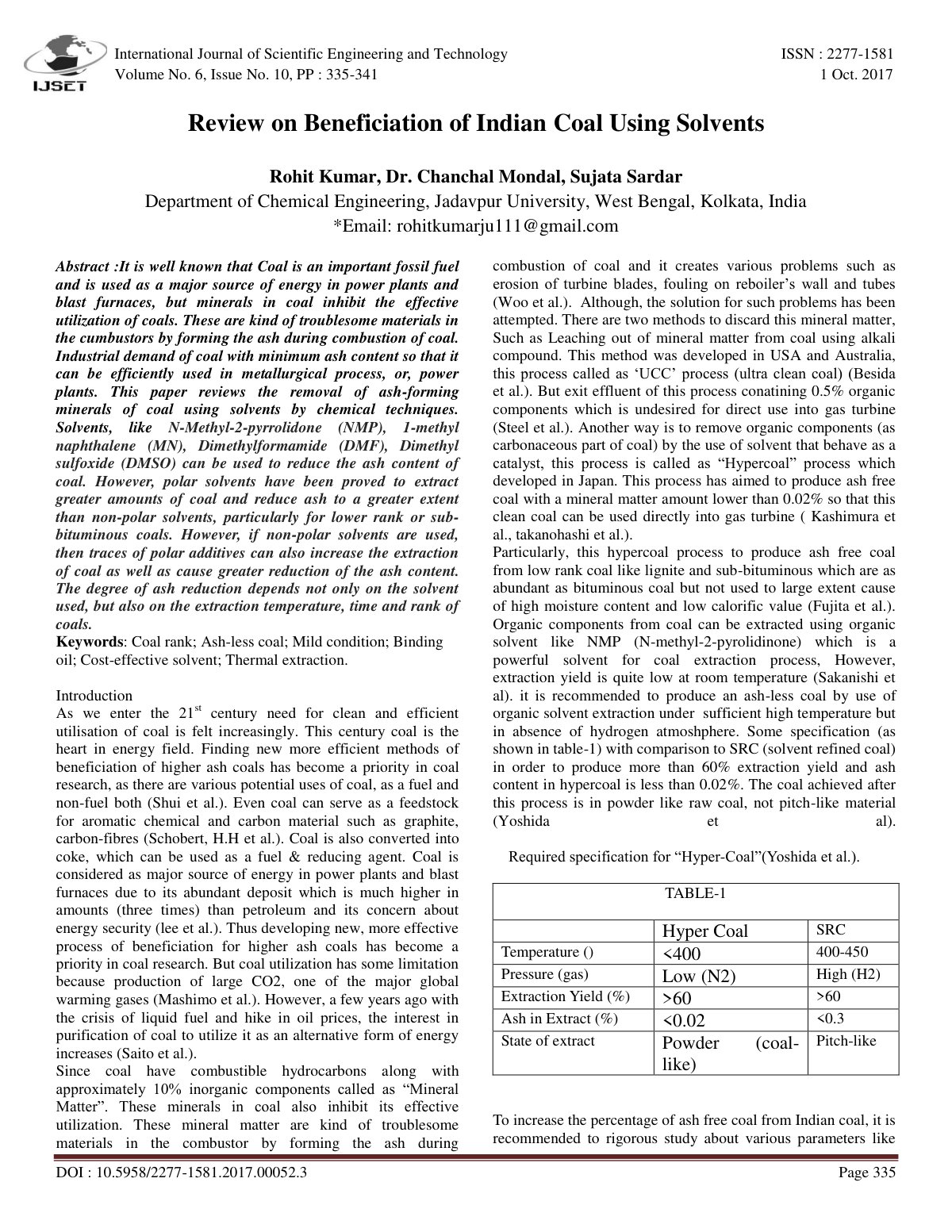 First page of Review on Beneficiation of Indian Coal U