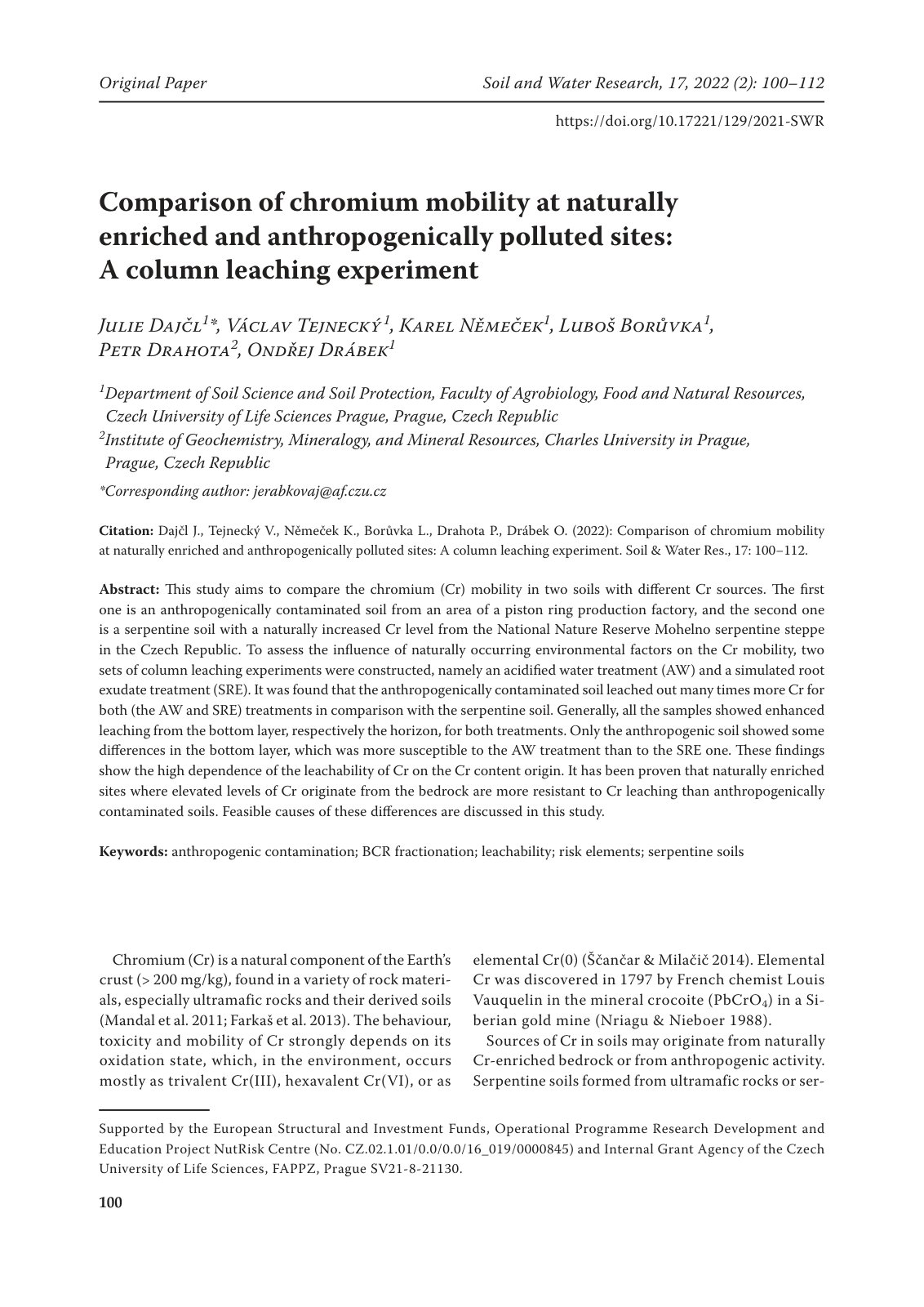 First page of Comparison of chromium mobility at naturally enriched and anthropogenically polluted sites: A column leaching experiment