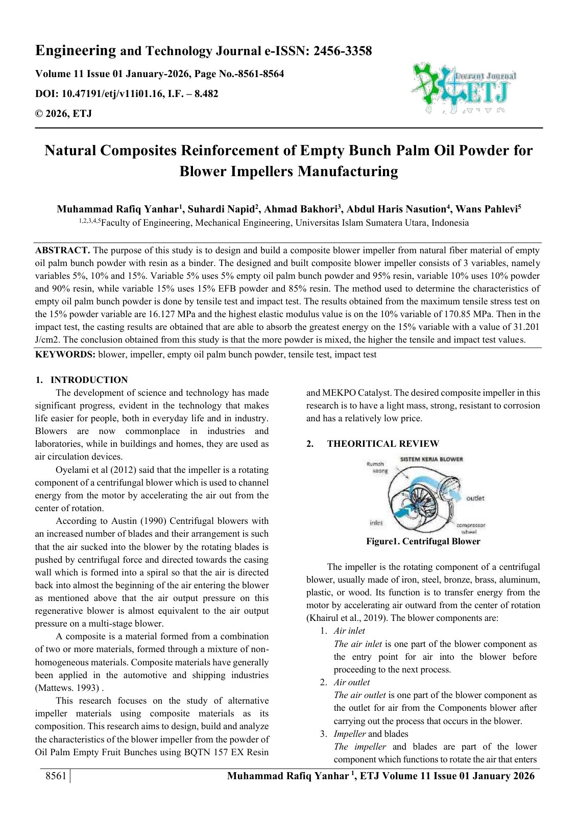 First page of Natural Composites Reinforcement of Empty Bunch Palm Oil Powder for  Blower Impellers Manufacturing  