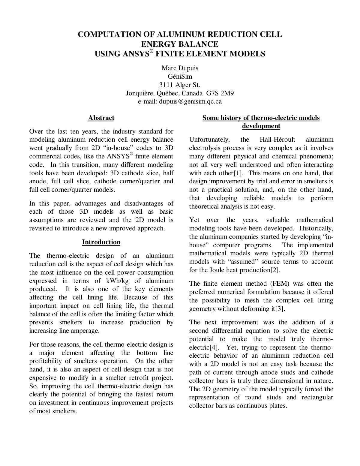 First page of COMPUTATION OF ALUMINUM REDUCTION CELL ENERGY BALANCE USING ANSYS® FINITE ELEMENT MODELS