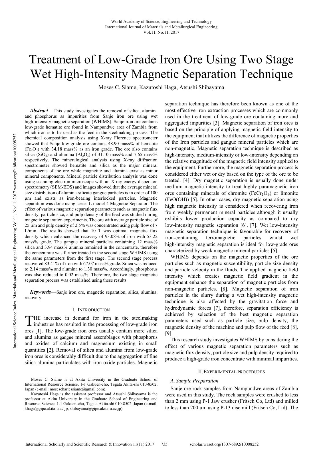 First page of Investigation of the removal of silica, alumina and phosphorus from Sanje iron ore using magnetic separation
