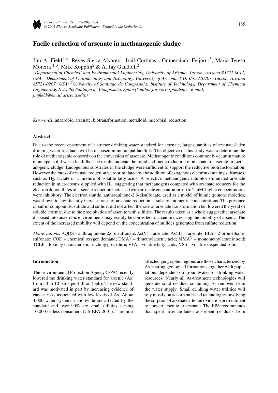 First page of Facile reduction of arsenate in methanog