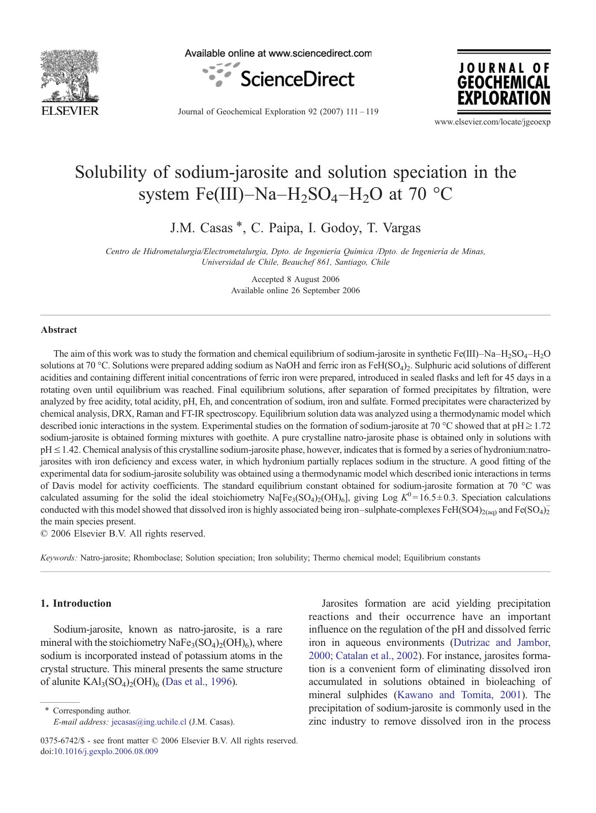 First page of Solubility of sodium-jarosite and solution speciation in the system Fe(III)–Na–H2SO4–H2O at 70° C
