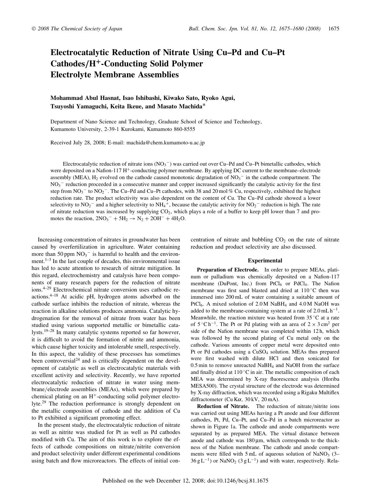 First page of Electrocatalytic Reduction of Nitrate Using Cu–Pd and Cu–Pt Cathodes/Hþ-Conducting Solid Polymer Electrolyte Membrane Assemblies