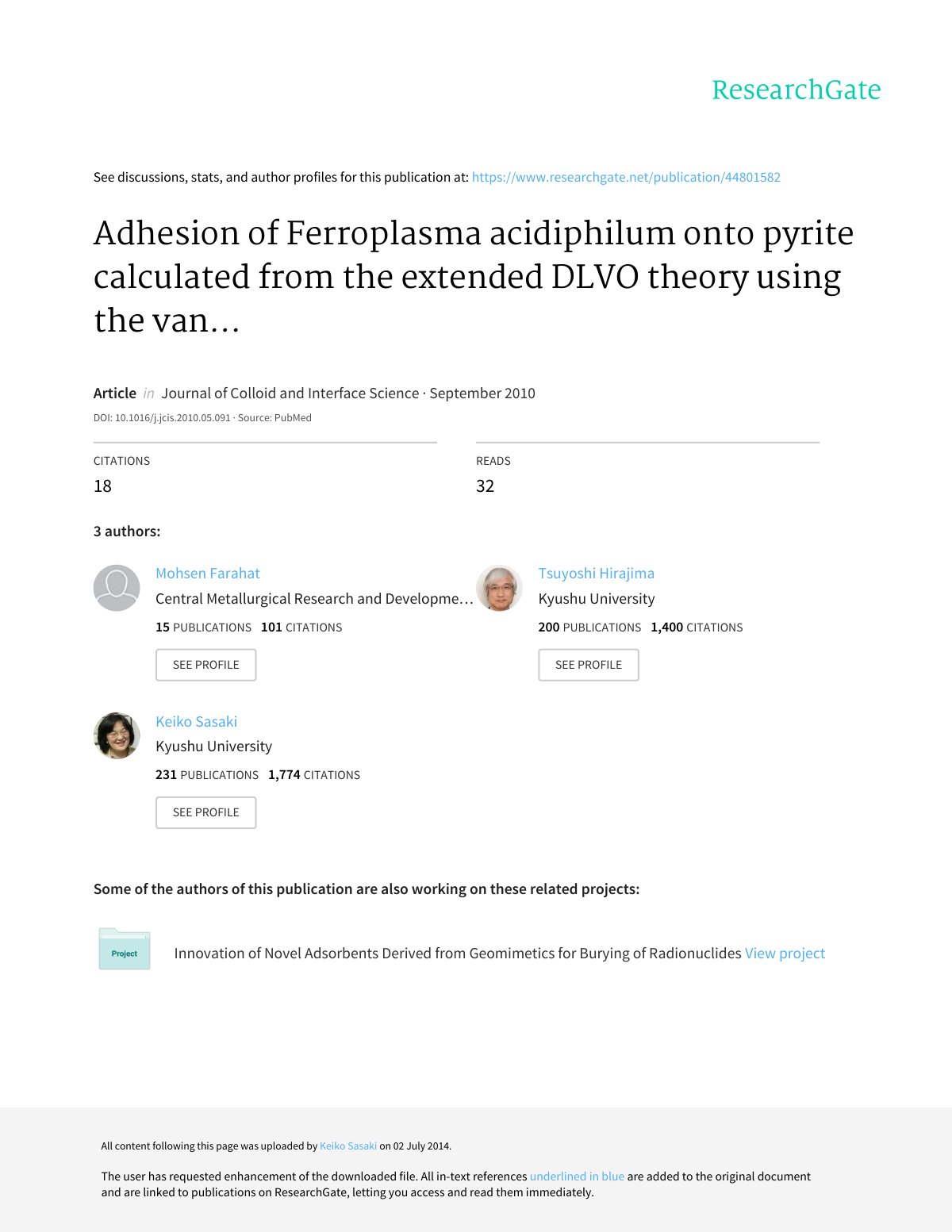 First page of Adhesion of Ferroplasma acidiphilum onto
