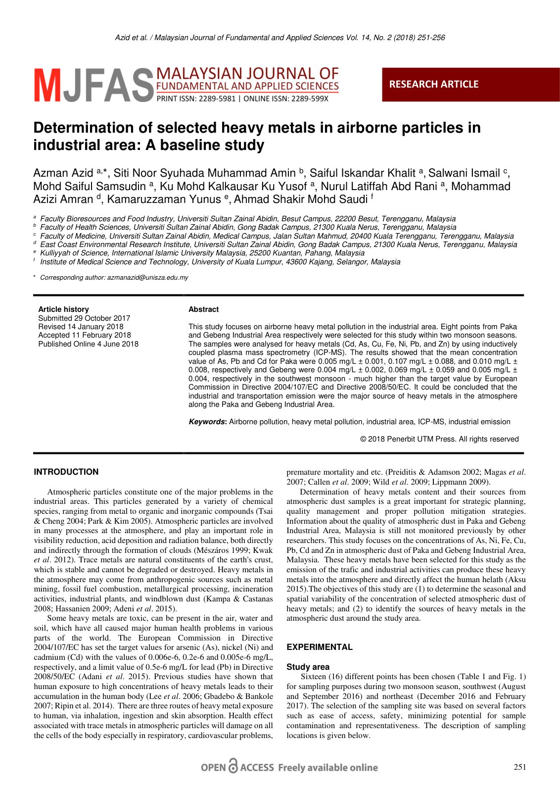 First page of Determination of selected heavy metals in airborne particles in industrial area: A baseline study