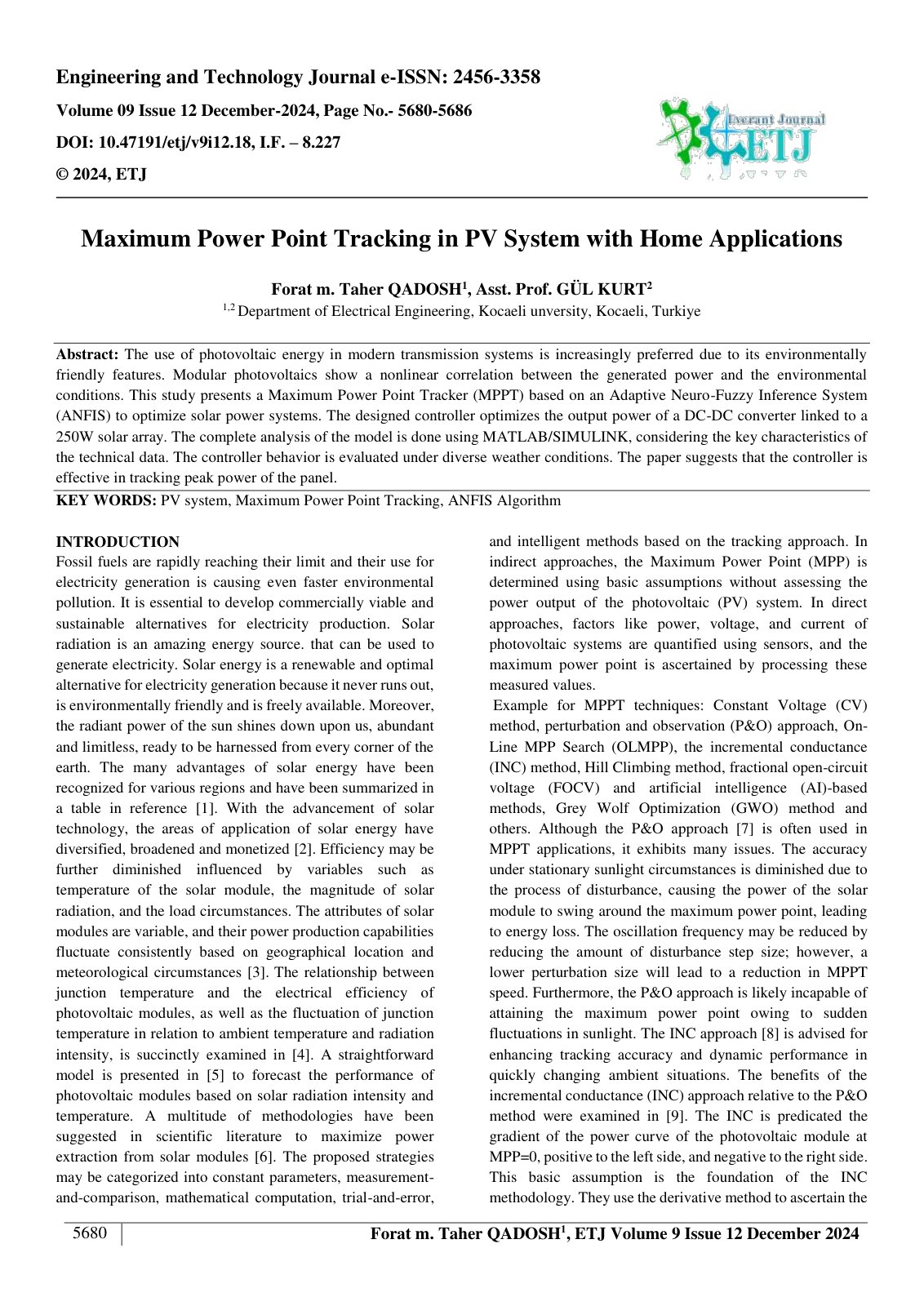 First page of Maximum Power Point Tracking in PV System with Home Applications 