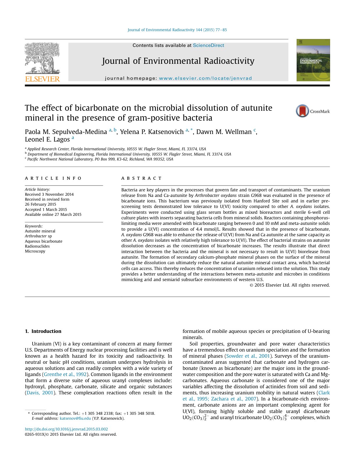 First page of The effect of bicarbonate on the microbial dissolution of autunite mineral in the presence of gram-positive bacteria