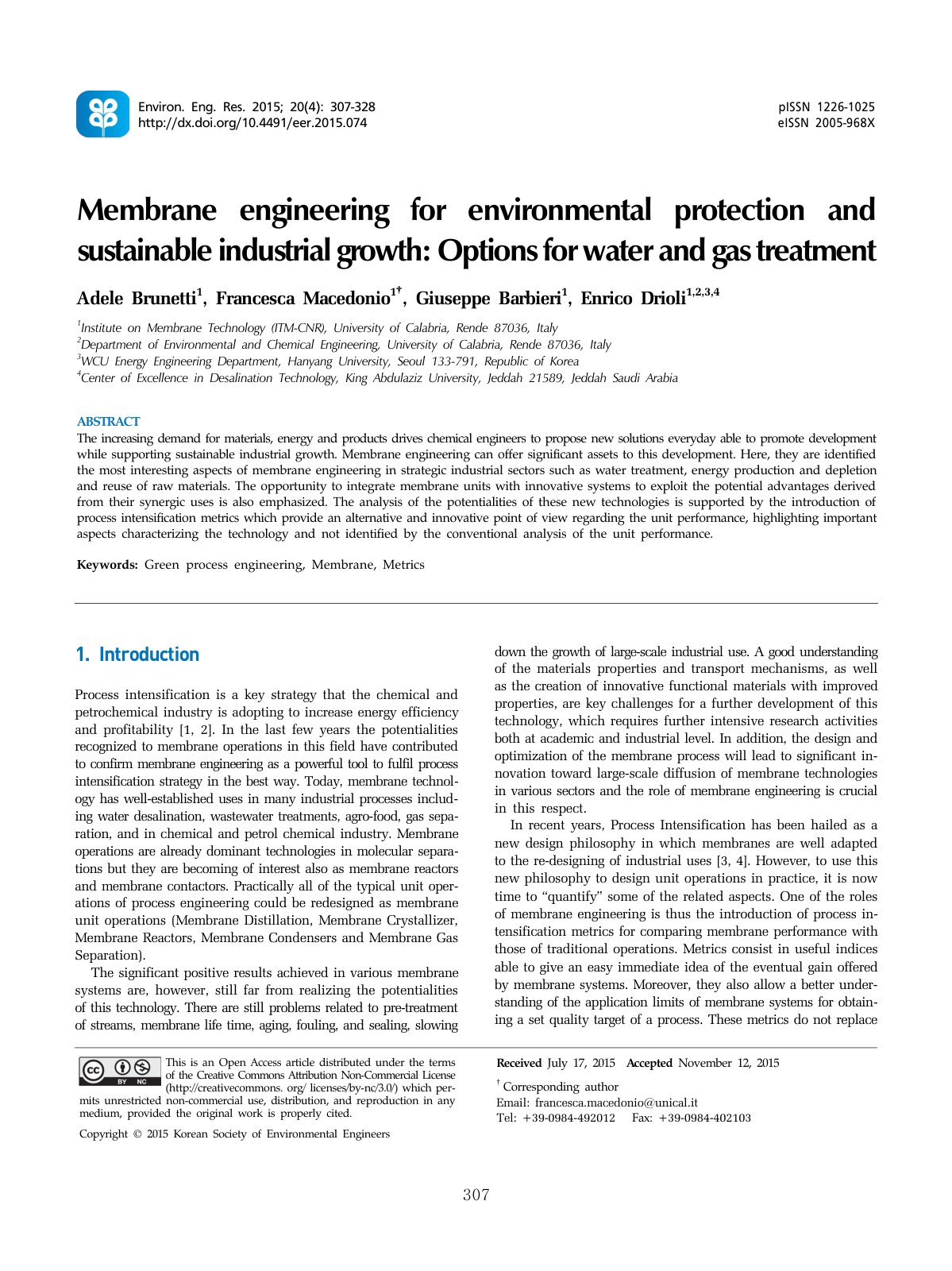 First page of Membrane engineering for environmental protection and sustainable industrial growth: Options for water and gas treatment