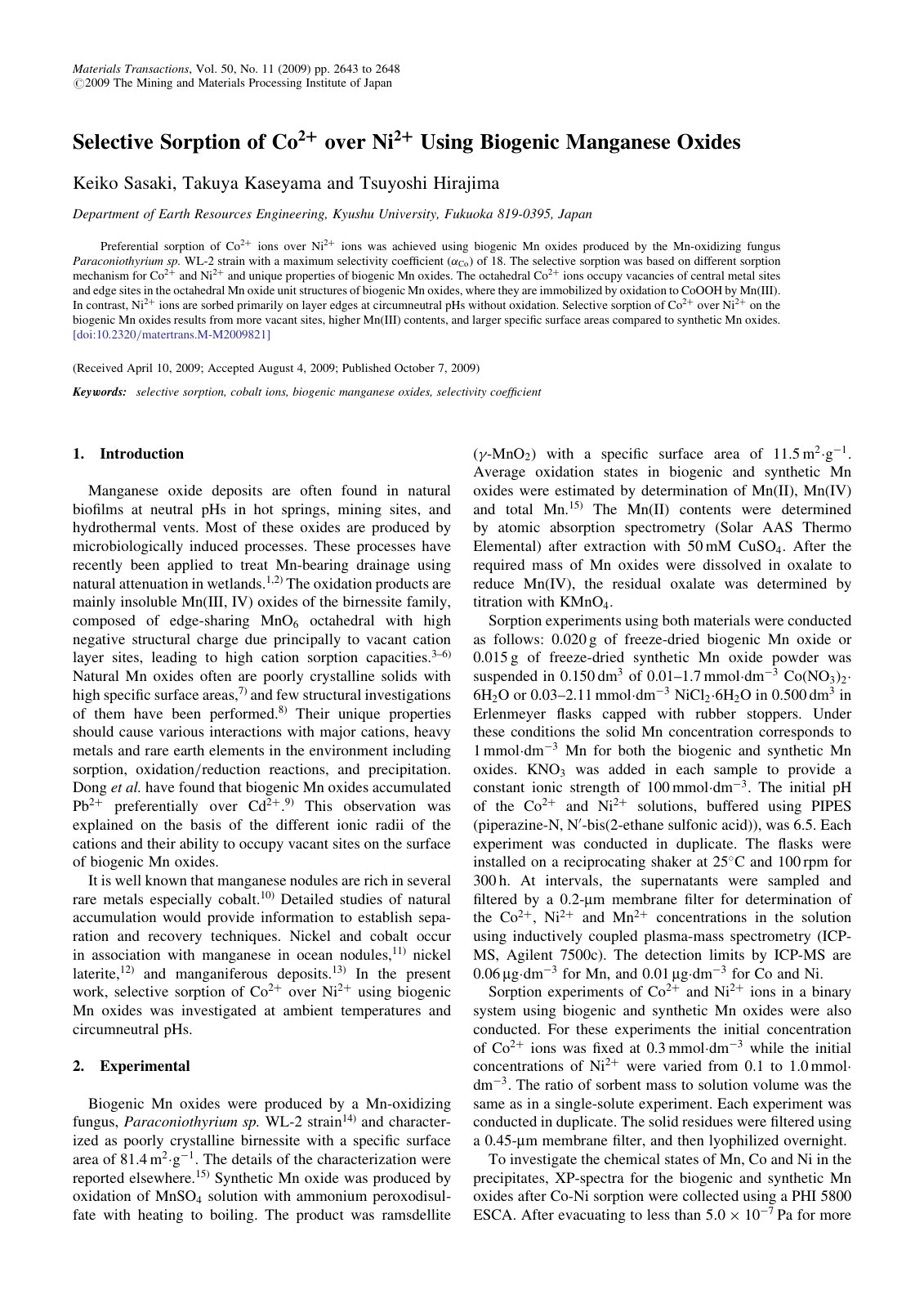 First page of Selective Sorption of Co2 over Ni2 Using
