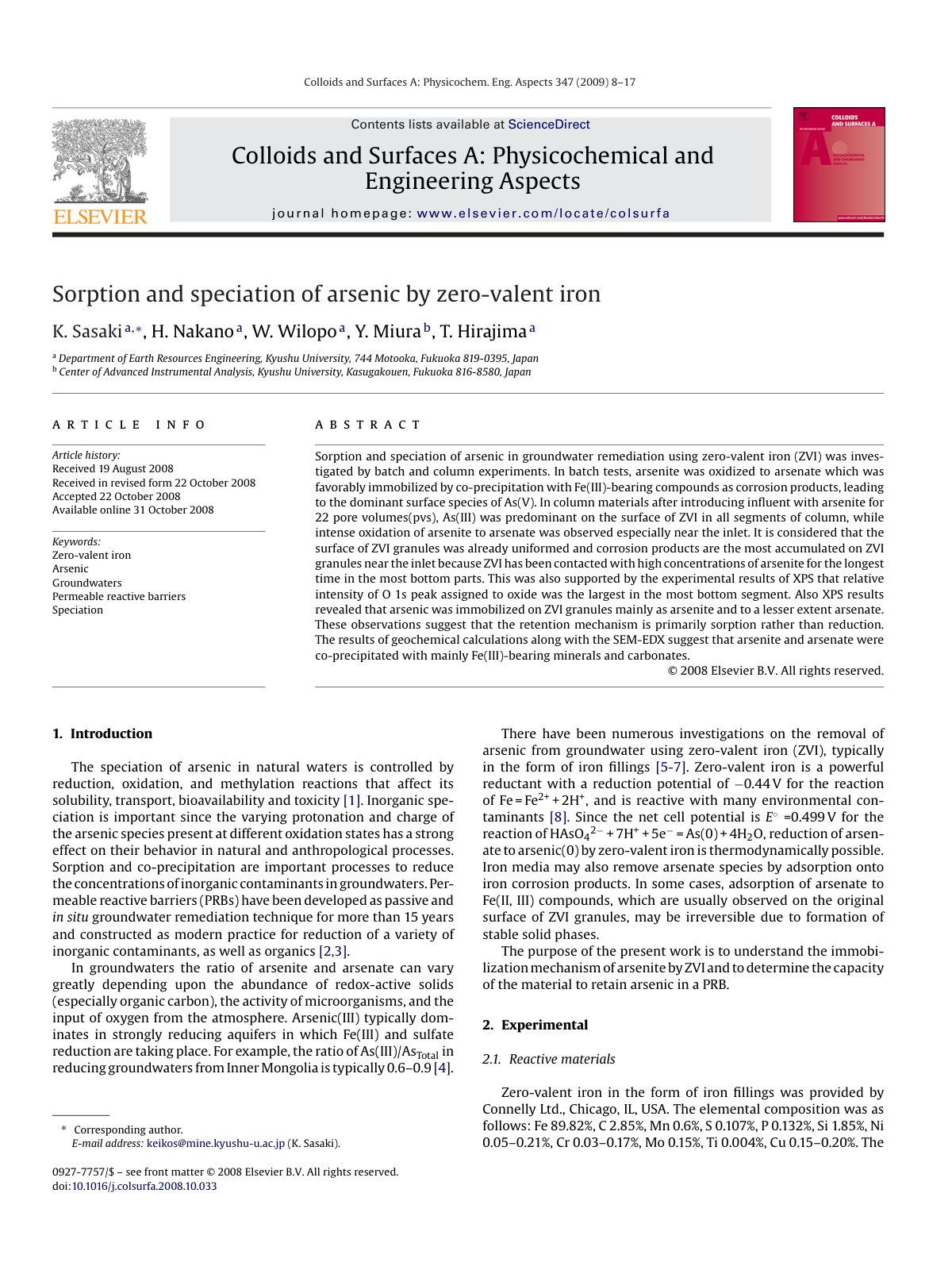 First page of Sorption and speciation of arsenic by ze