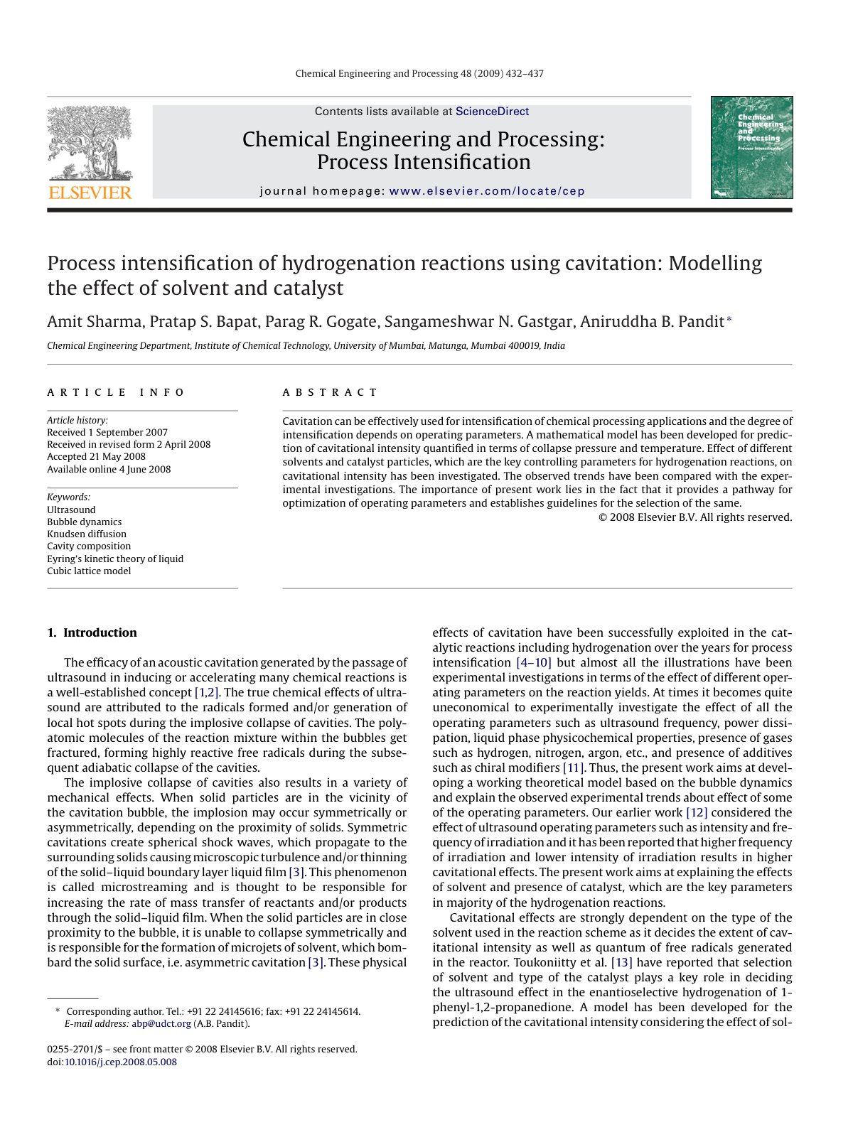 First page of Process intensification of hydrogenation reactions using cavitation: Modelling the effect of solvent and catalyst