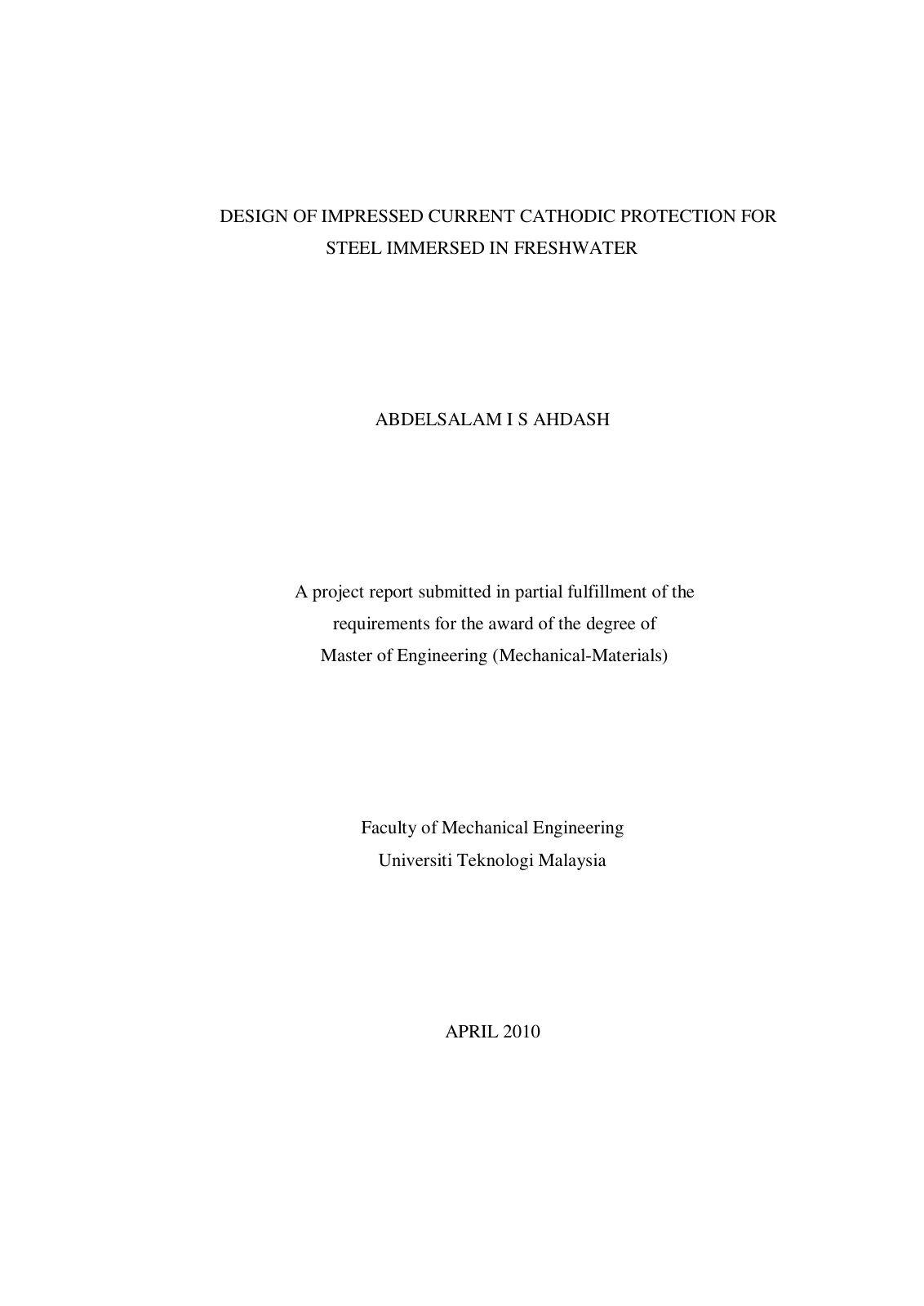 First page of DESIGN OF IMPRESSED CURRENT CATHODIC PROTECTION FOR STEEL IMMERSED IN FRESHWATER