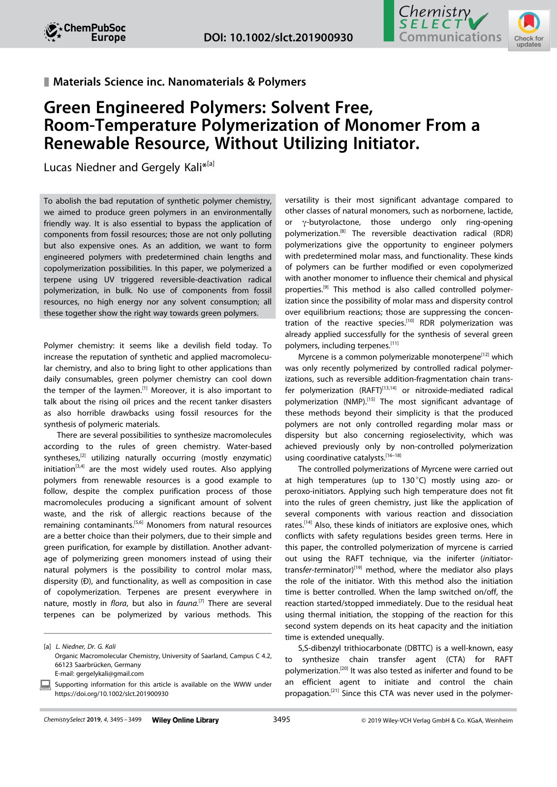 First page of Green Engineered Polymers: Solvent Free, Room-Temperature Polymerization of Monomer From a Renewable Resource, Without Utilizing Initiator.